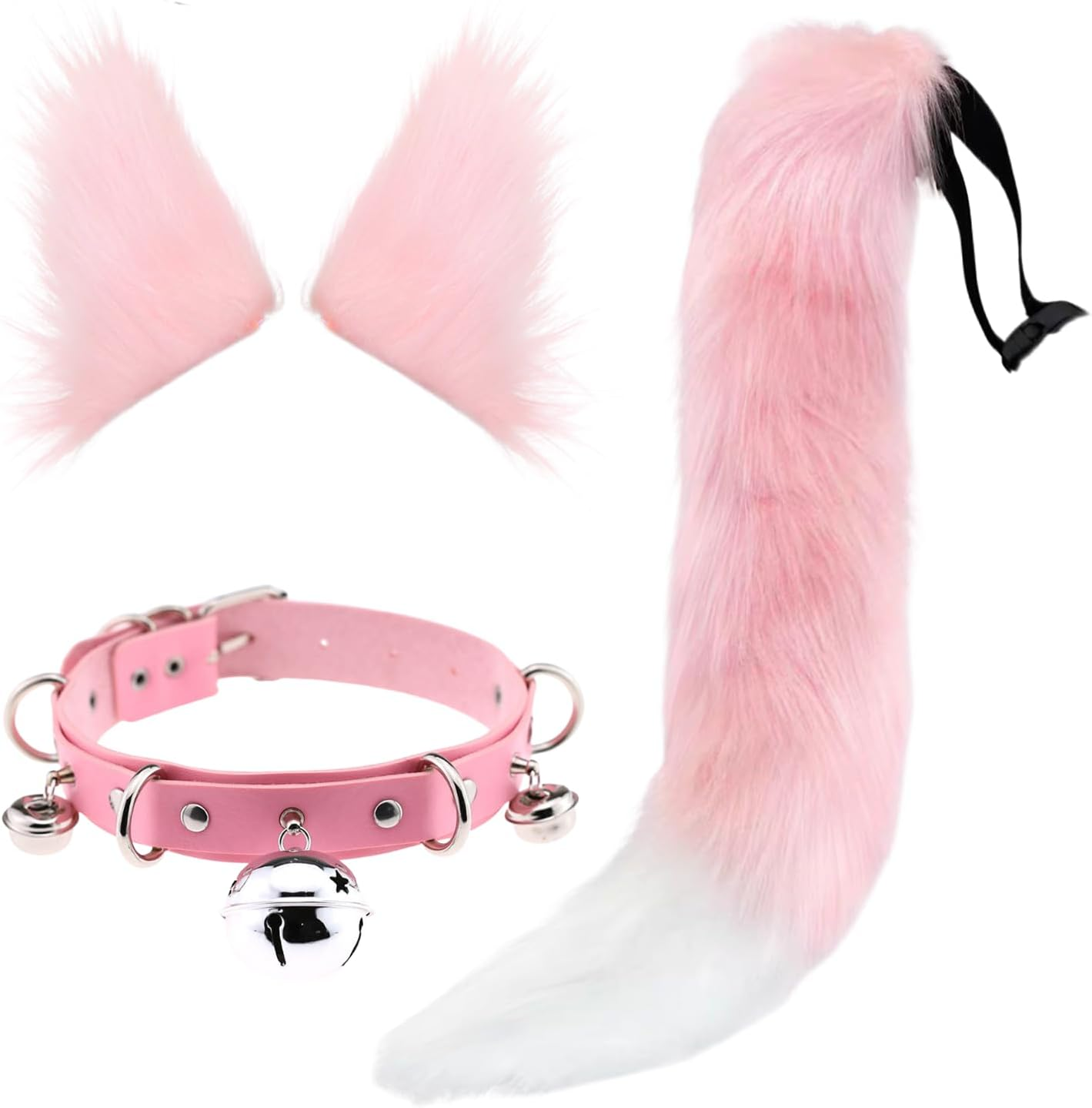 Handmade Cat Ears and Wolf Fox Animal Tail Cosplay Costume Faux Fur Hair Clip Headdress Halloween Leather Neck Chocker Set