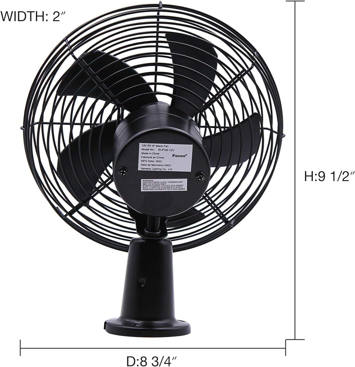 Facon 12V RV Cooling Fan with 2 Speed Switch, Dia: 8-3/4&rsquo;&rsquo;, Heavy Duty Black Metal Car Fan, for Auto Truck, RV, Camper, Trailer, Car, Buses and Boats image number 1