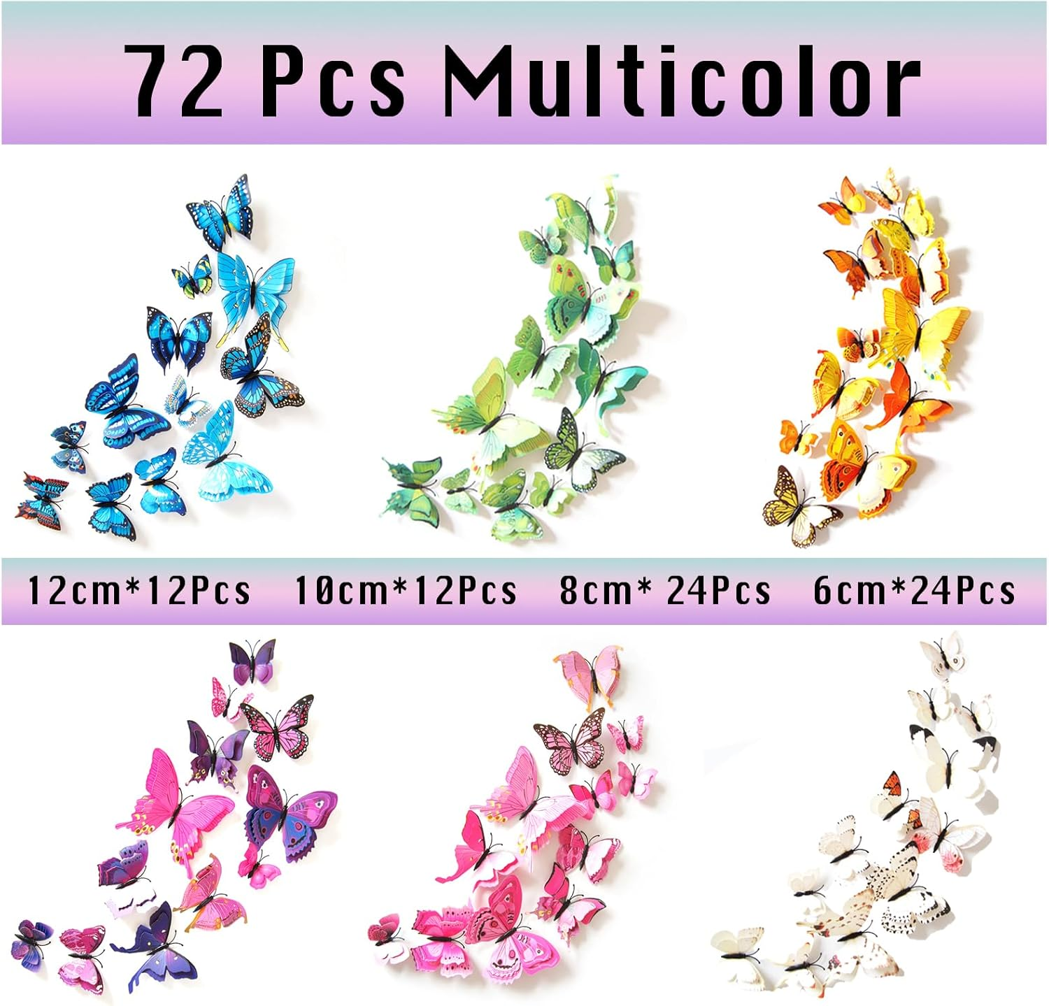 3D Butterfly Wall Decals, Removable Magnetic & Self-Adhesive, 72 Pcs Double-Layered Wings for Home Decor, Parties, Bedroom, Office (Multicolor) image number 5