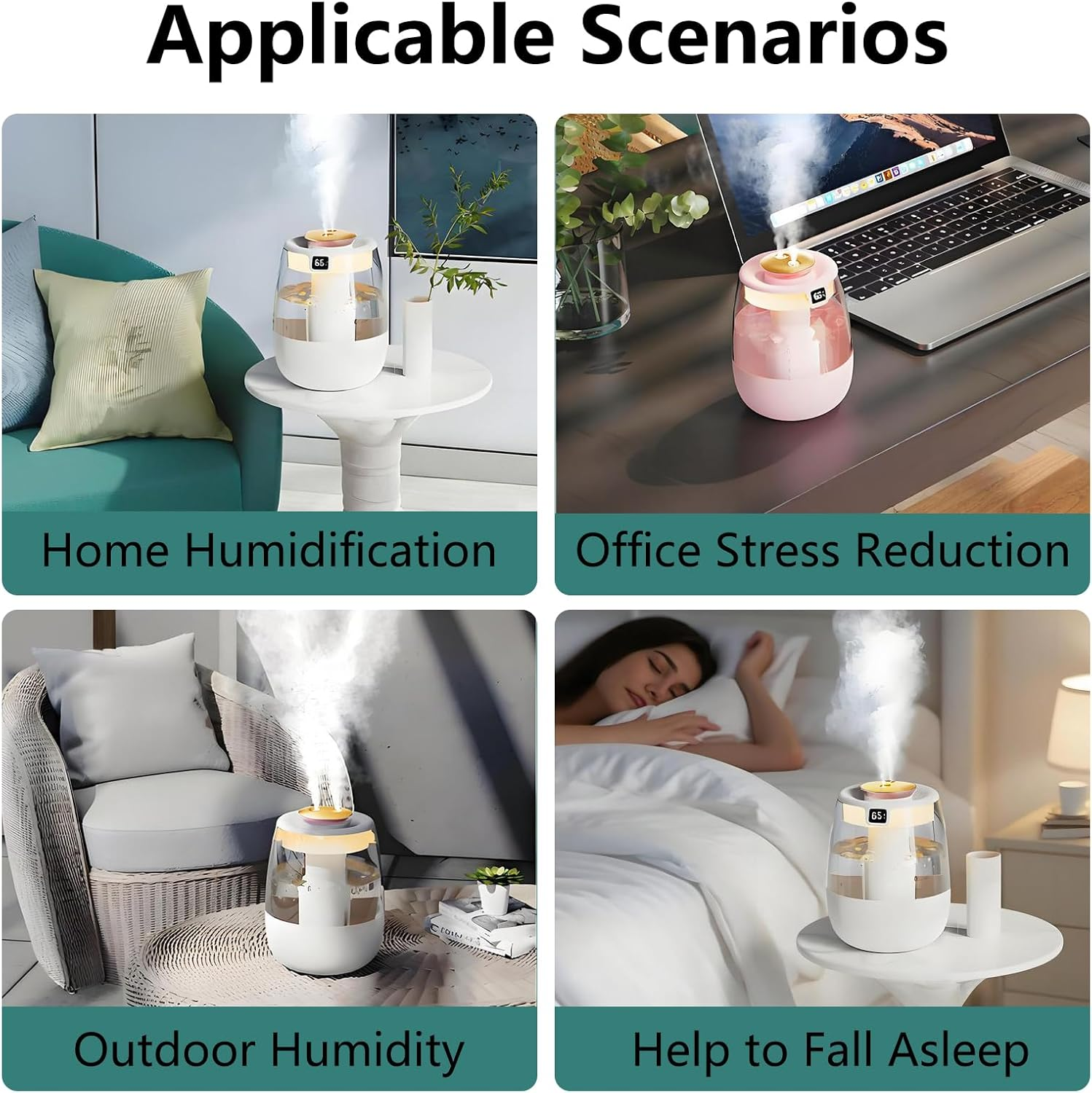 Air Humidifier, Mini USB Dual Spray Humidifier, 3 Spray Modes, UV Antibacterial Night Light, Humidity Display, Quiet, Air Humidifier for Bedroom Babies Room Desktop Office(White) image number 5