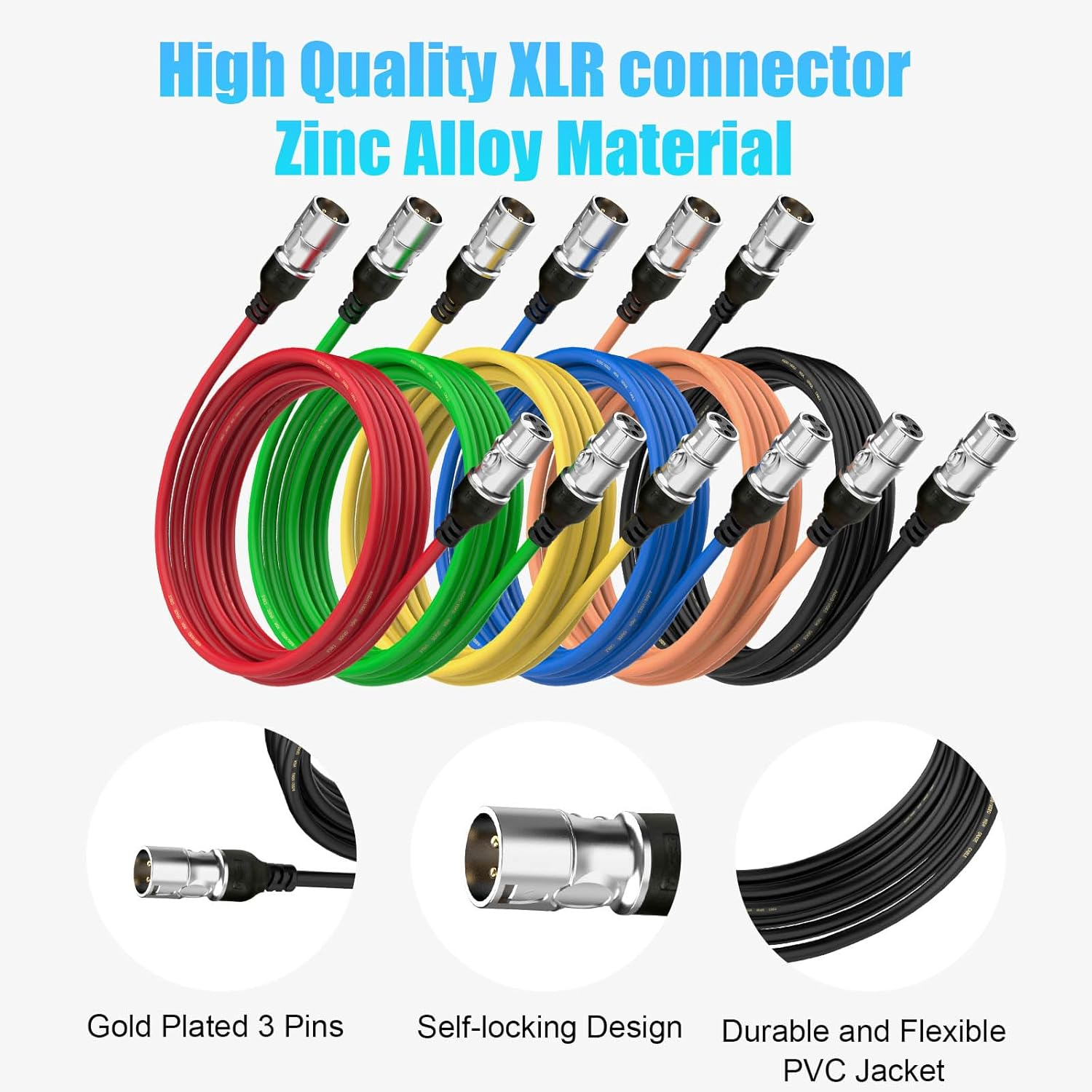 TEKERA XLR Cables 6-Pack &ndash; Colored XLR Male to Female Mic Cables, 3-Pin Balanced Microphone Audio Snake Cords for Studio, Mixer, Live Sound & Recording Equipment，0.5M image number 3