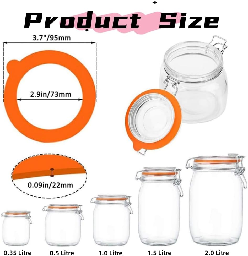 FUNNTY 10 Pcs Silicone Replacement Gaskets,Silicone Jar Seals,Airtight Rubber Seals Rings for Mason Jar Lids,Elastic,Leak-Proof Canning Silicone Fitting Seals for Glass Clip Top Jars (Orange) image number 1