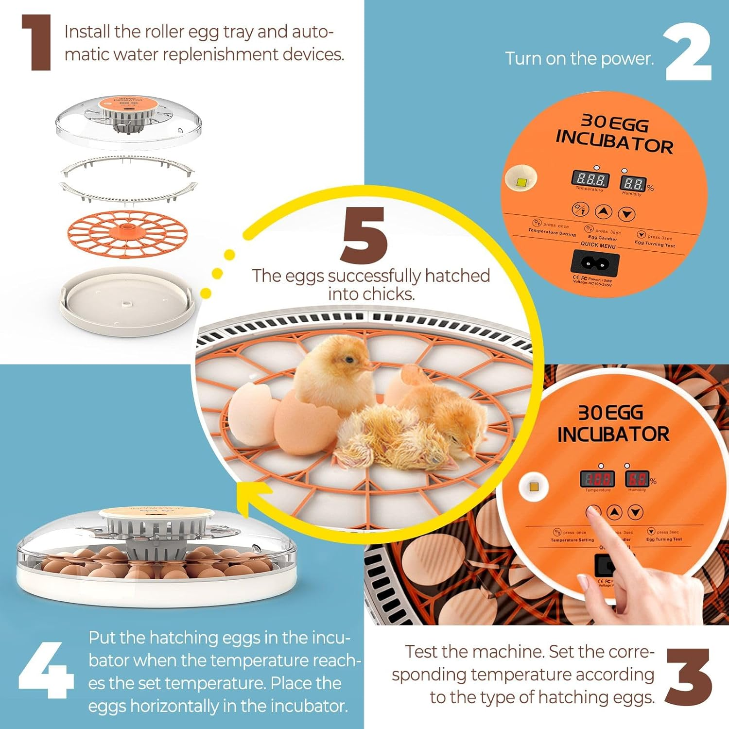 Pet Scene 30 Egg Incubator Automatic Hatcher Hatching Hatchery Machine for Chicken Duck Quail Bird Goose Turkey with Auto Turner Humidity Control LED Candler