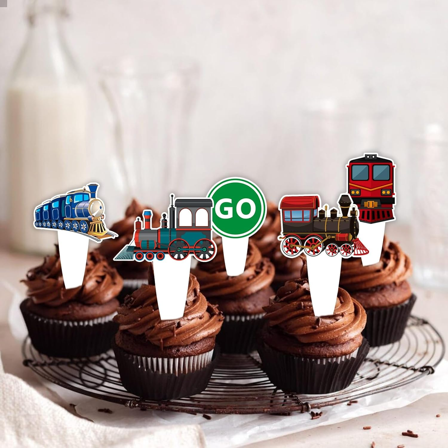 Dessert Cupcake Topper Cheer to Transportation Train Railroad Crossing Theme Decor Supplies Baby Shower Children Boy Girl Happy Birthday Party Decorations Set 24Pcs
