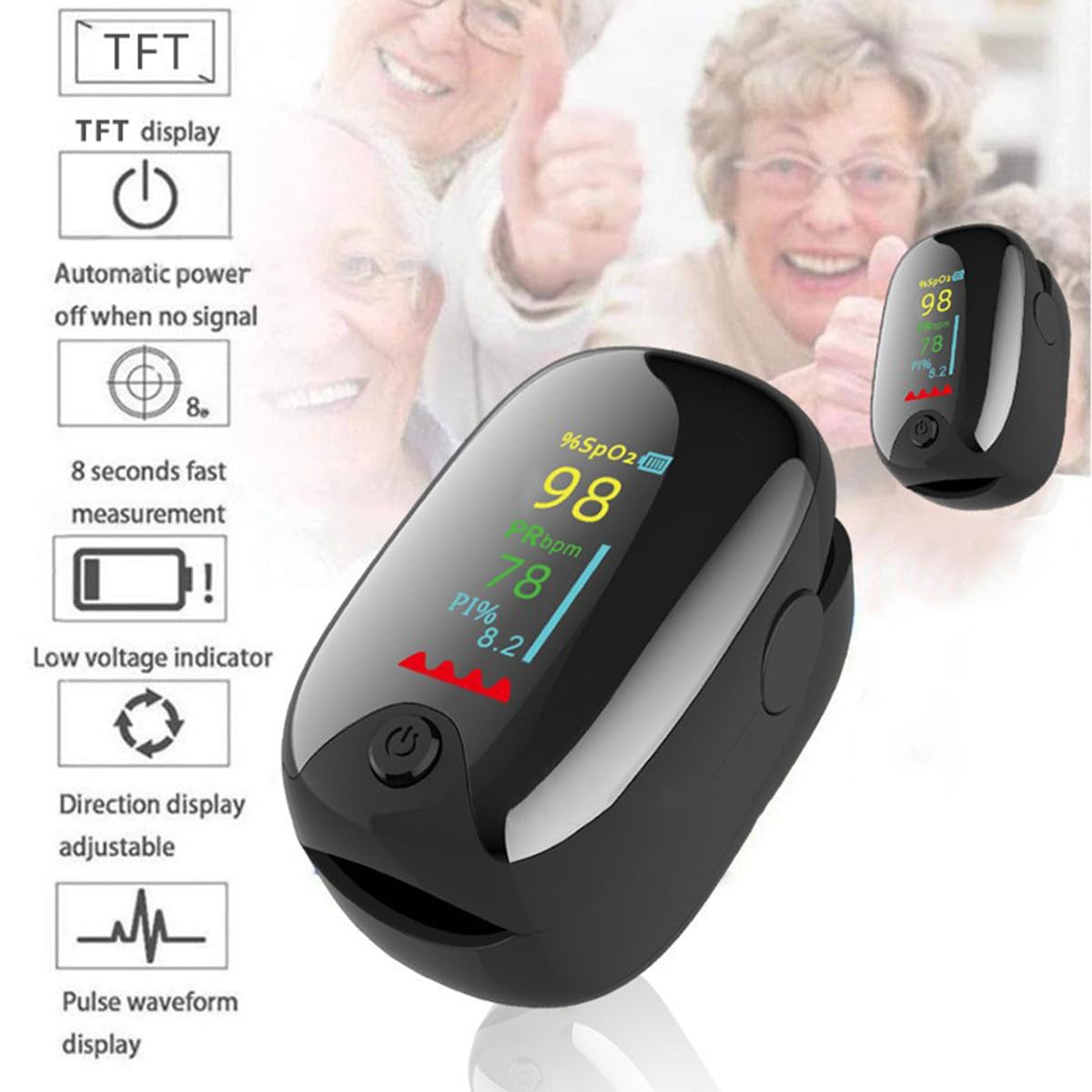 Fingertip Pulse Oximeter, One-Button Blood Oxygen Monitor Pulse Rate Monitor Lanyard, with Color LCD Screen image number 4
