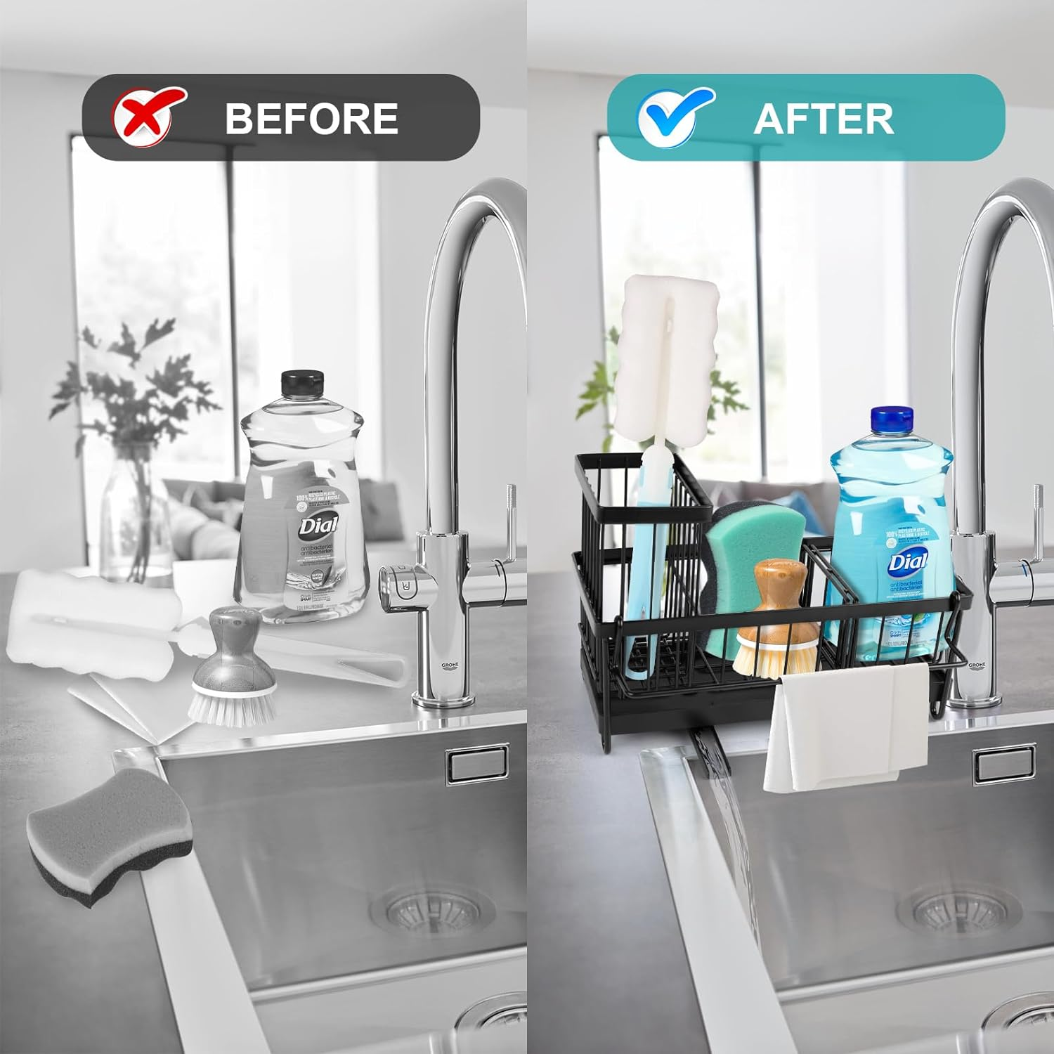 Sponge Holder for Kitchen Sink, Sink Caddy with High Brush Holder, Stainless Steel Dish Organizer Divider, Soap Dispenser Storage, Black image number 3