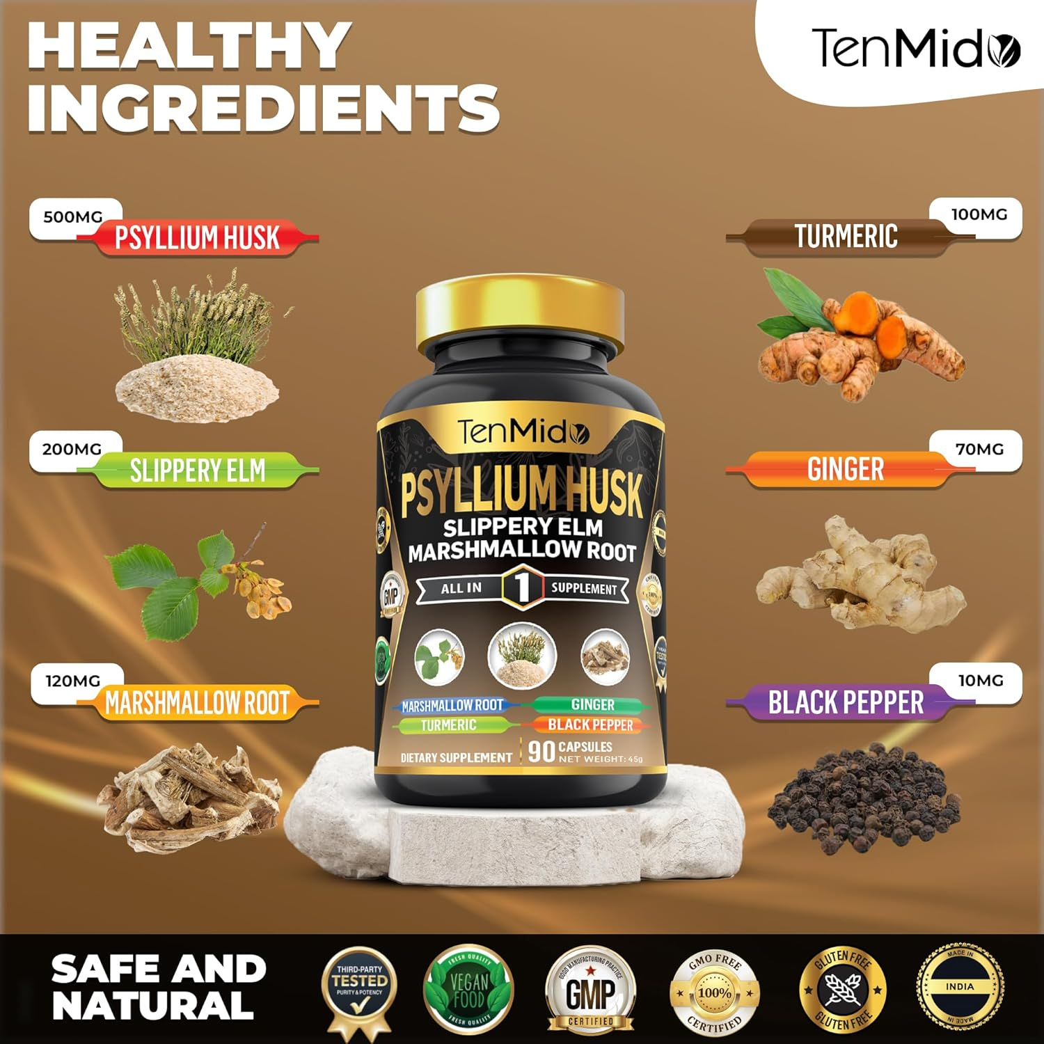 Tenmido Psyllium Husk Supplements - 6In1 with Slippery Elm, Marshmallow Root, Turmeric, Ginger & Black Pepper - Digestive Health - 90 Vegan & Non-Gmo Capsules image number 2