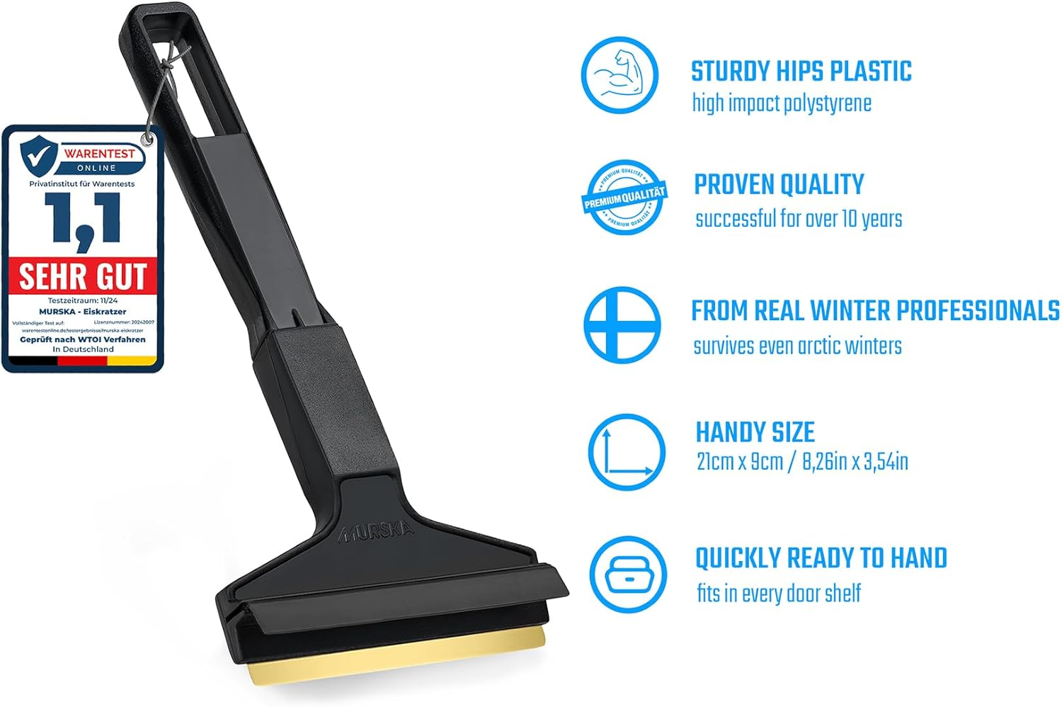 Ice Scraper Car &ndash; Brass Windscreen Scraper Car &ndash; Fast, Effortless & Gentle &ndash; Premium HIPS &ndash; Murska with Brass Blade & Rubber Lip &ndash; Efficient & Safe Snow Scraper Car &ndash; from Finland Black - Lp A053 Black/Blue image number 3