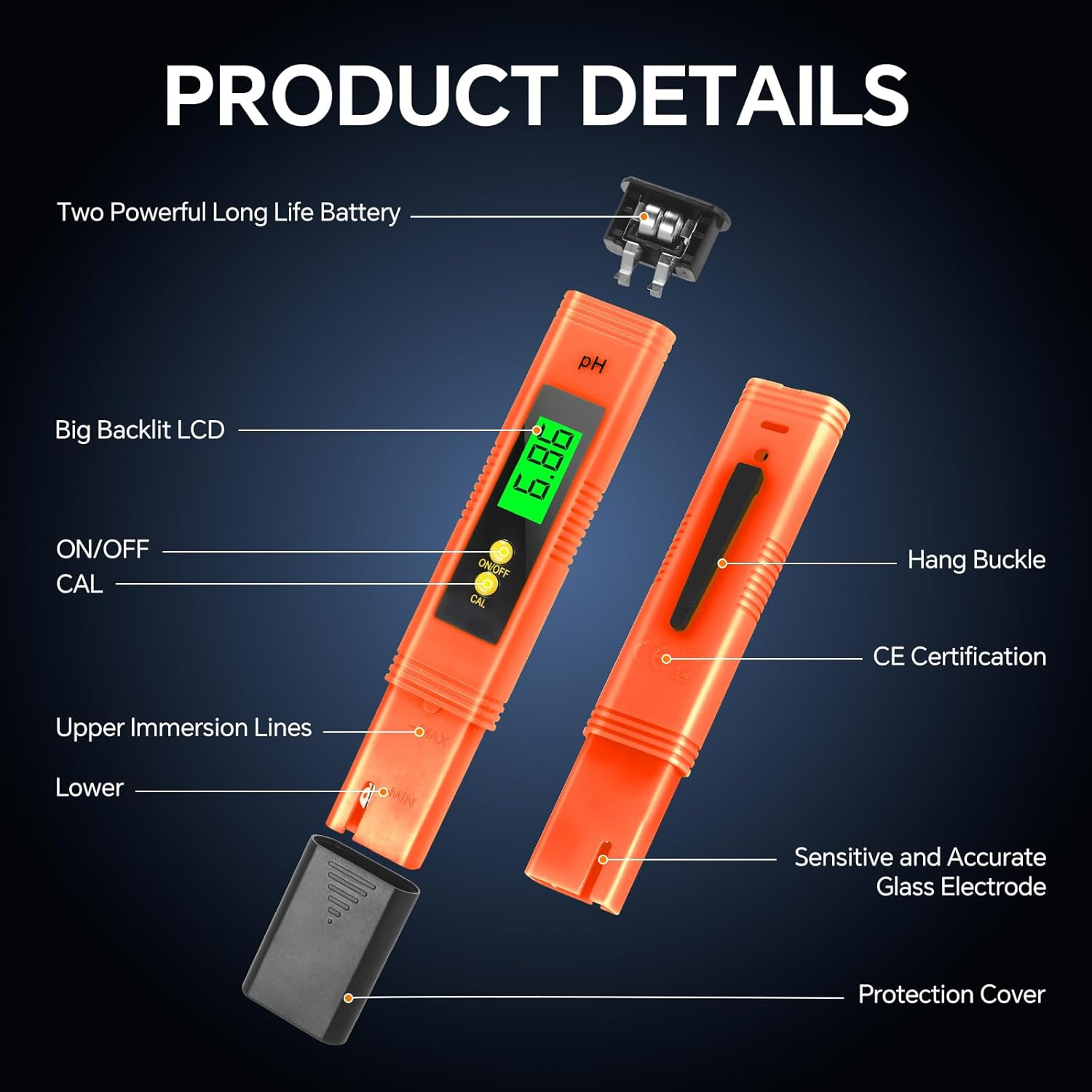 Digital Ph Meter, 0.01Ph High Accuracy Pen Type Ph Tester for Household Drinking with UL Certification and 3 Ph Calibration Powders (Orange)
