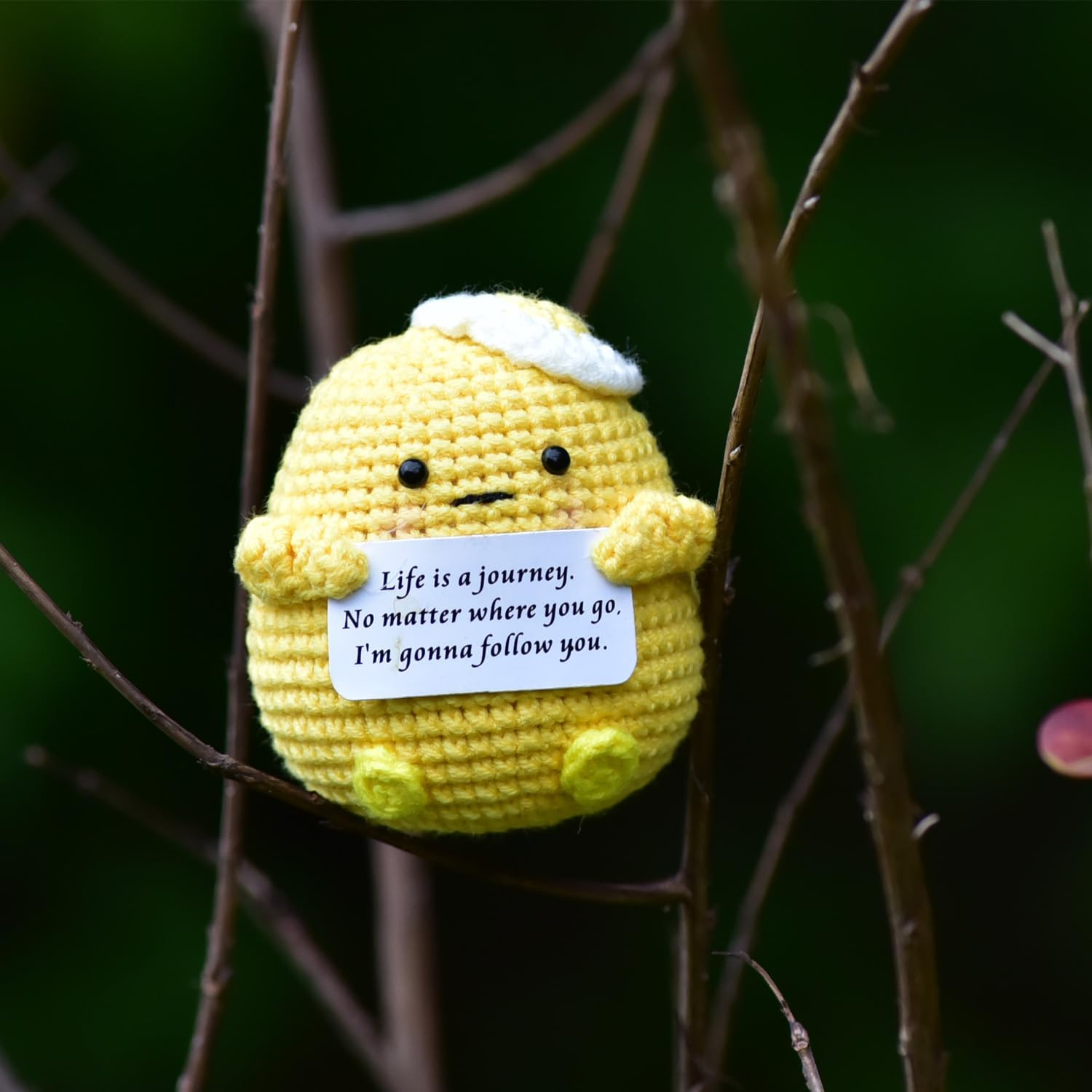 1 Mini Cute Funny Positive Life Potato,Creative Knitted Unique Interesting Potato Holding Card Positive Crochet Party Decor (Yellow)