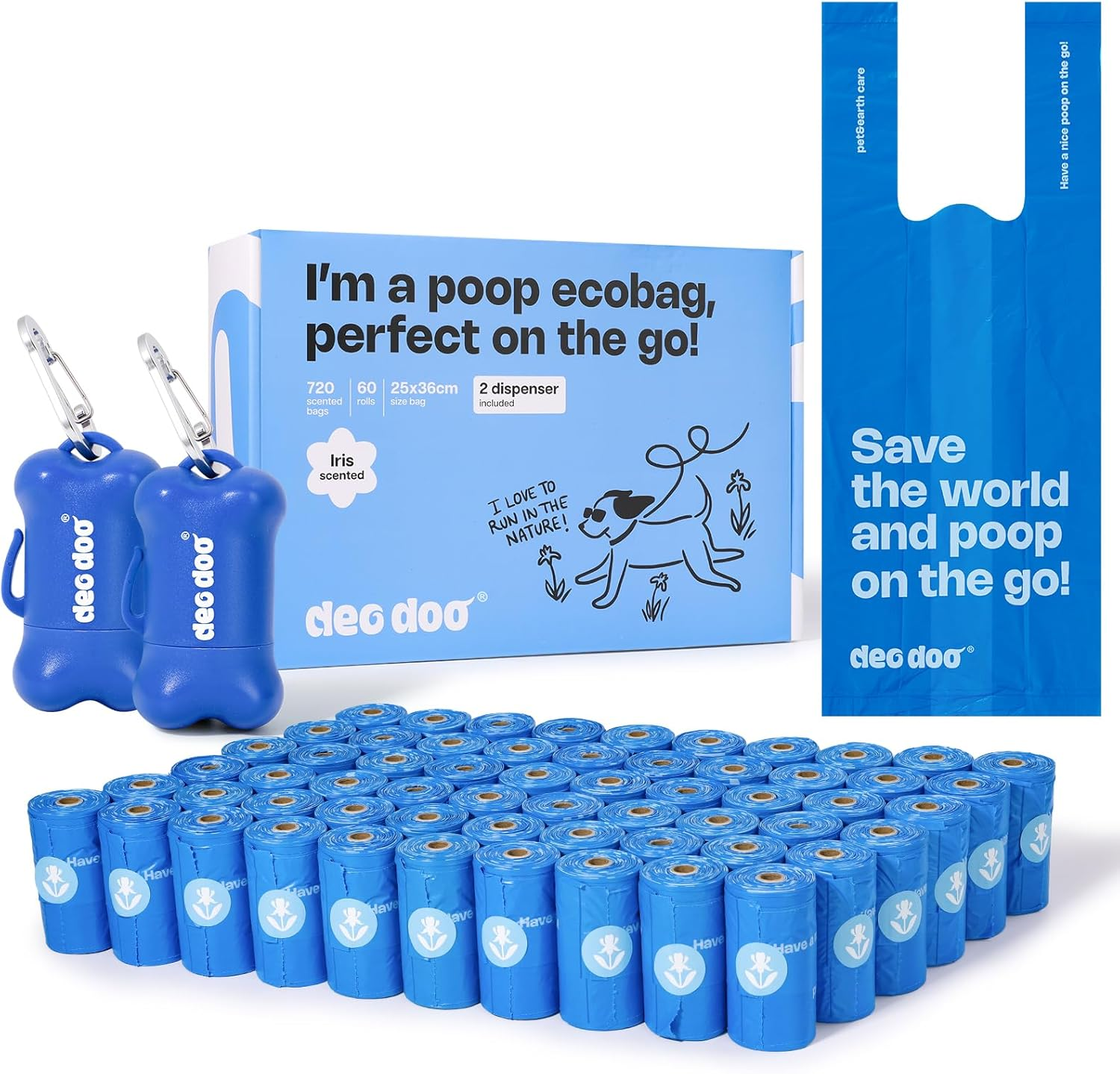 Deo Doo Dog Poop Bags with Handles 9 Rolls 108 Counts Big Sizes Leak Proof and Extra Thick Waste Bags Refill Rolls for Walking Small Medium Large Dogs Cats Litter with Holder Iris Scented