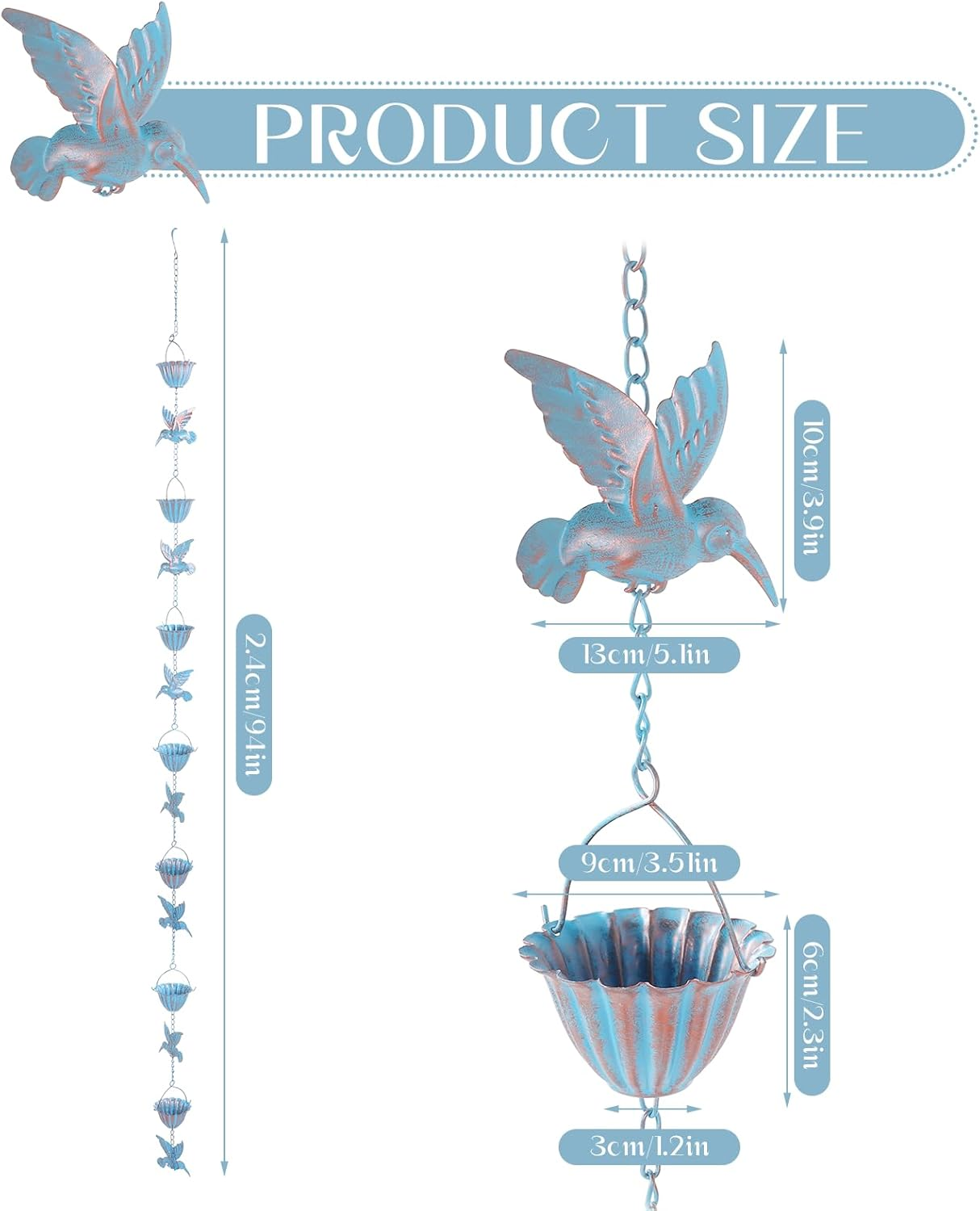 Metal Rain Chain, 7.9 Foot Rain Catcher Chain with 7 Water Cups and 7 Removable Hummingbird Decorative Rain Chains, Easy to Install Gutter Rain Collector Chain for Eaves Drainage image number 5
