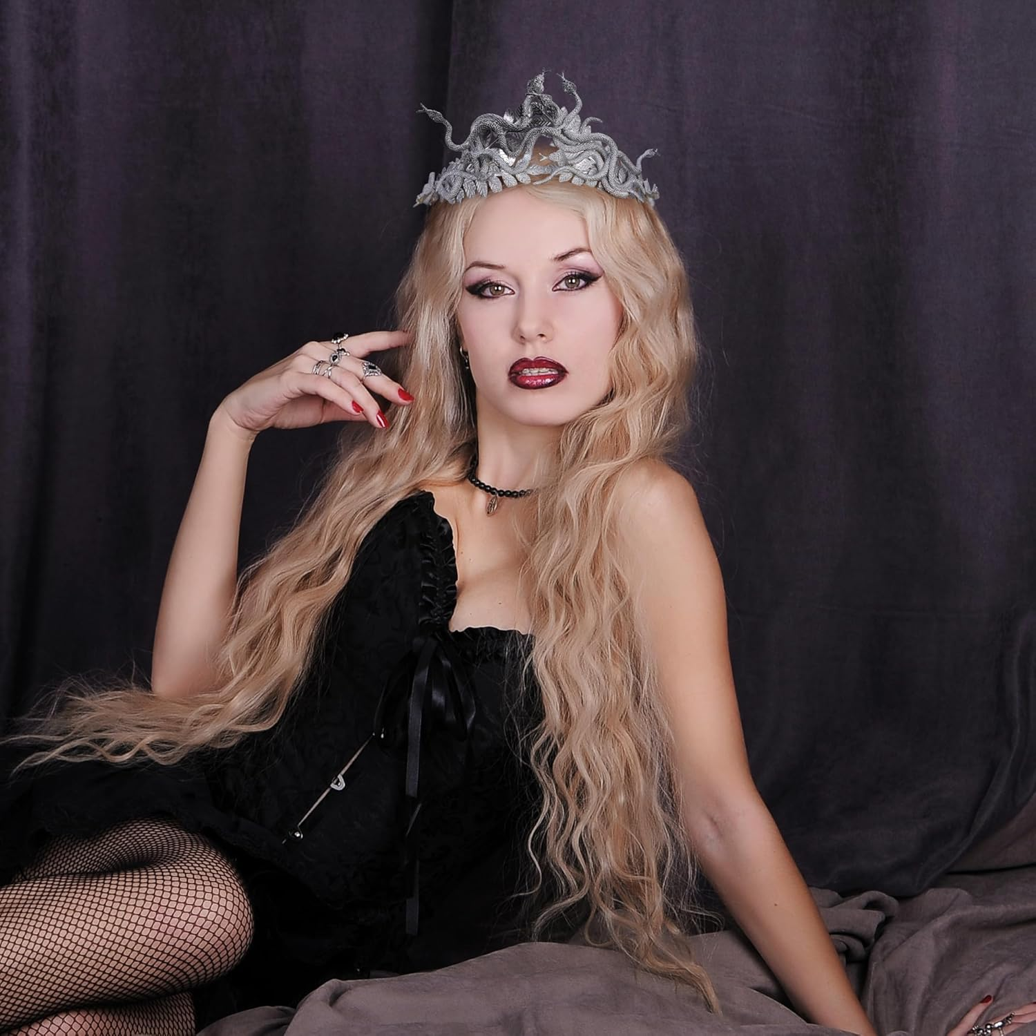 Partyforu Sliver Black Medusa Snake Crown for Halloween Women Cosplay, Greek Goddess Medusa Headband with Laurel for Renaissance image number 2