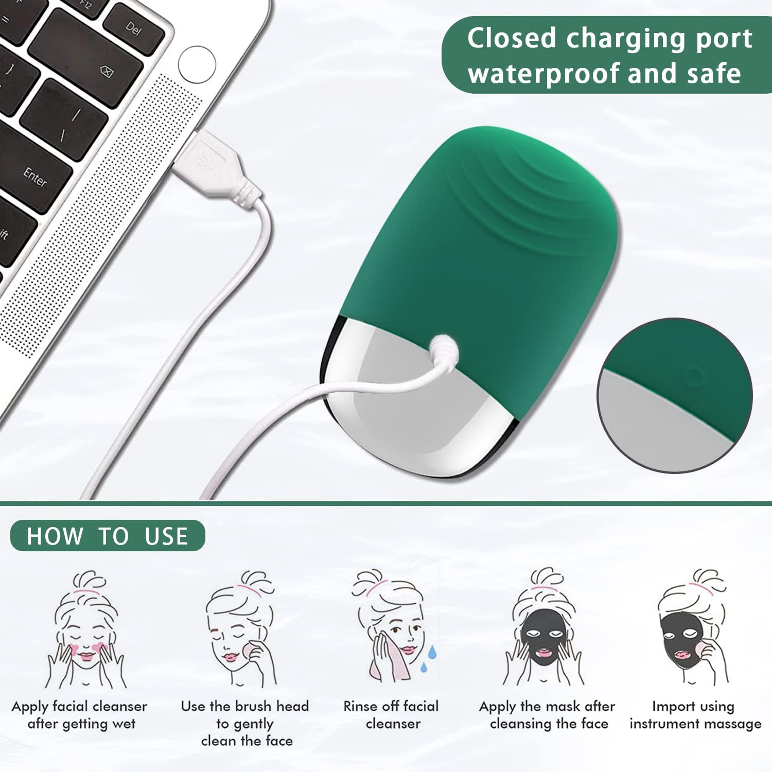 Facial Cleansing Brush, 3-In-1 Electric Silicone Face Scrubber, Vibrating Massager, IPX7 Waterproof, USB Rechargeble Pore Brush for Deep Cleanning, Blackhead Remover, Exfoliating (Green) image number 3