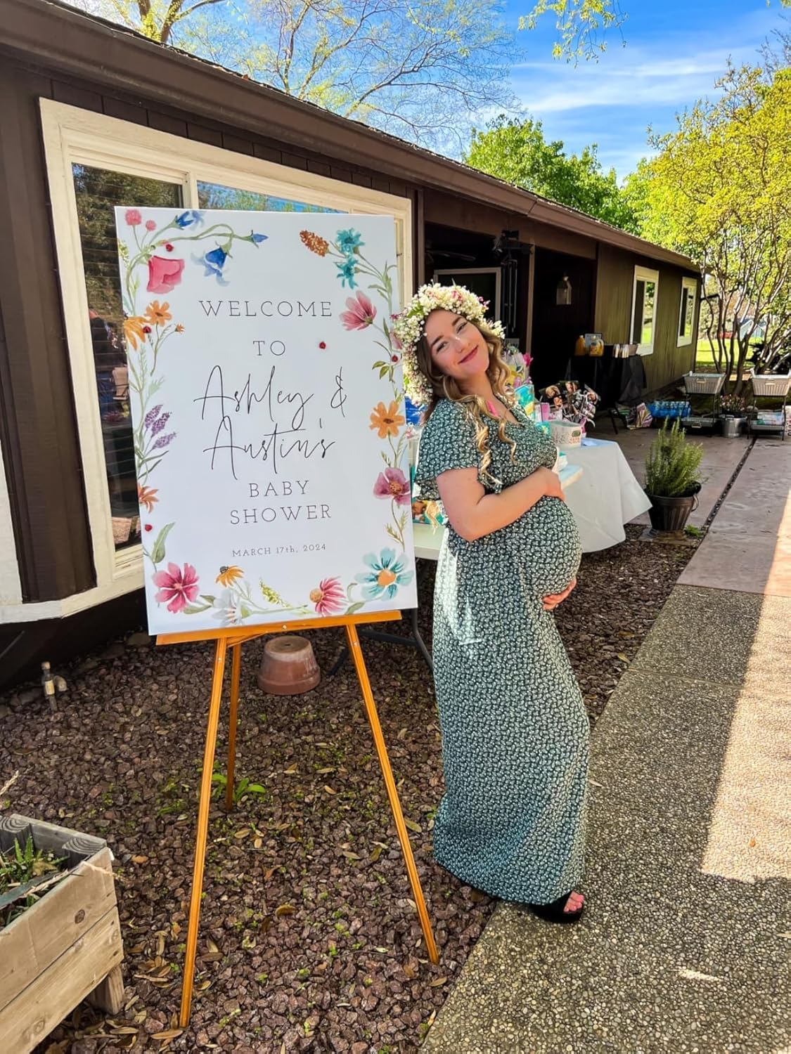 Floral Print V Neck Maternity Dress, Photoshoot Baby Shower Flutter Sleeve Smocked Boho Split A-Line Maxi Dresses image number 6