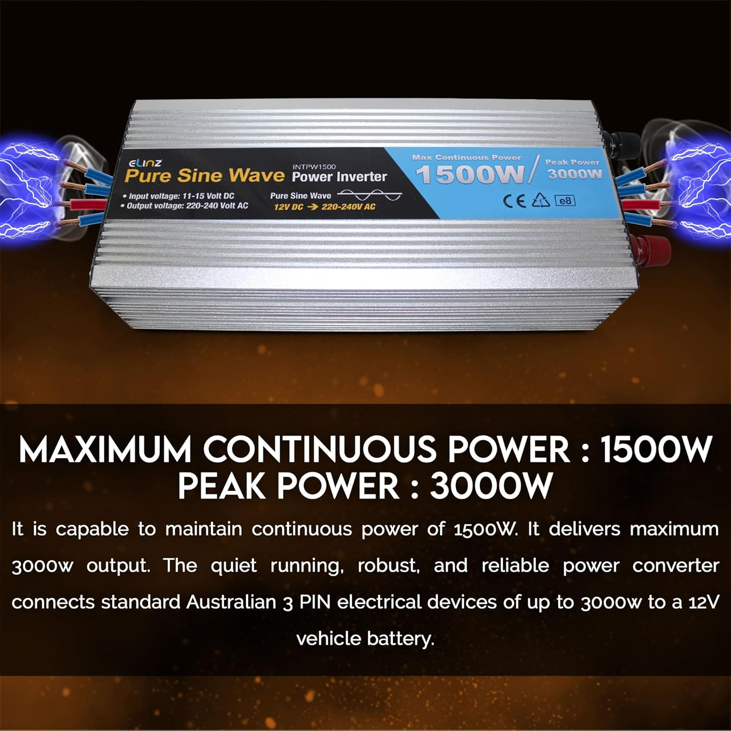 1500W/3000W Inverter 12V to 240V Pure Sine Wave Power Elinz Low High Voltage Input Short Circuit Output Overload Protection AUS Plug Car Caravan Ute SUV Truck Trailer Bus Camper 2Yr Warranty image number 4