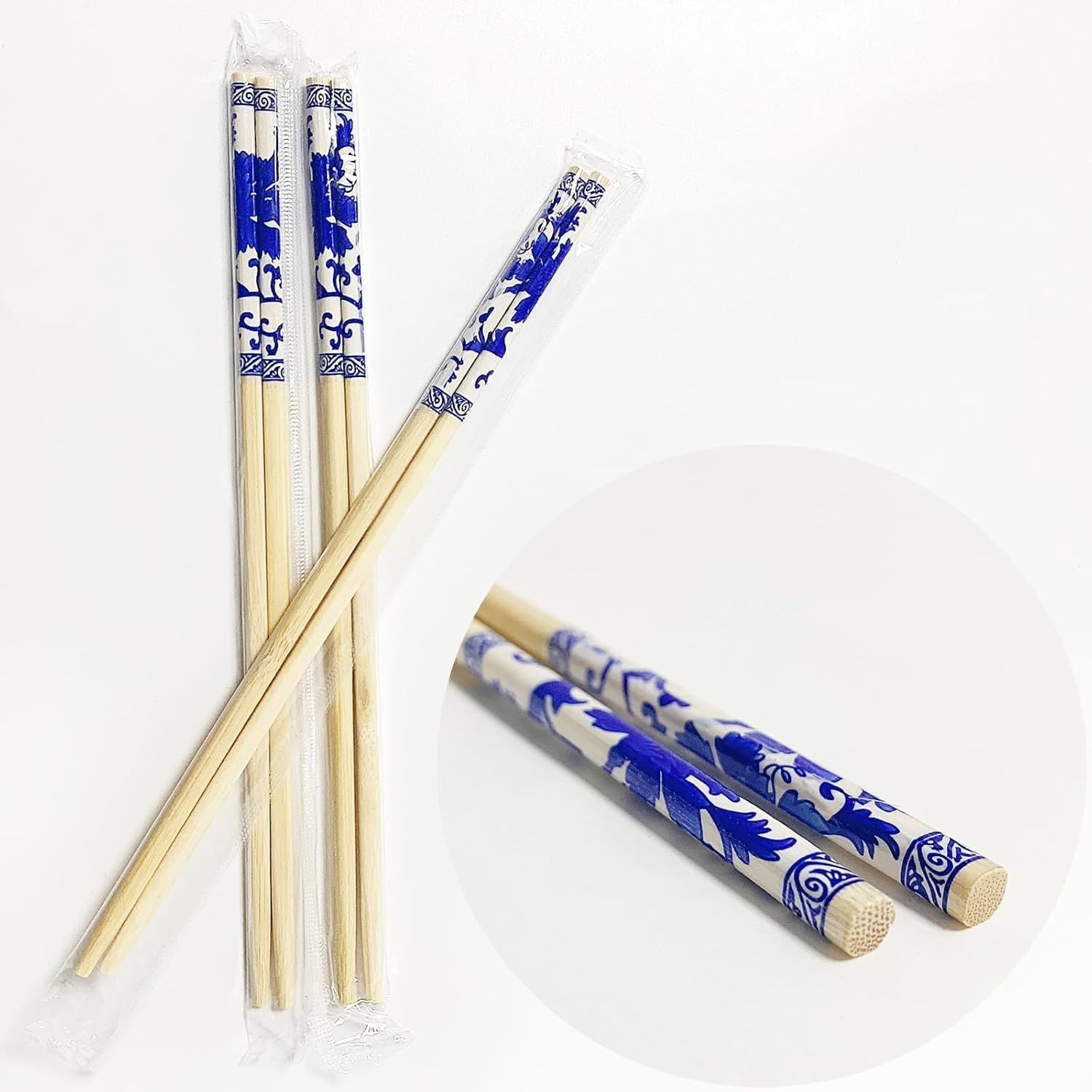 WOYAODONG 50 Pairs Disposable Blue Flower Bamboo Chopsticks, Restaurant, Individual Package Chop Sticks, Japanese Food, Thai Food, Chinese Food, Asian Food image number 2
