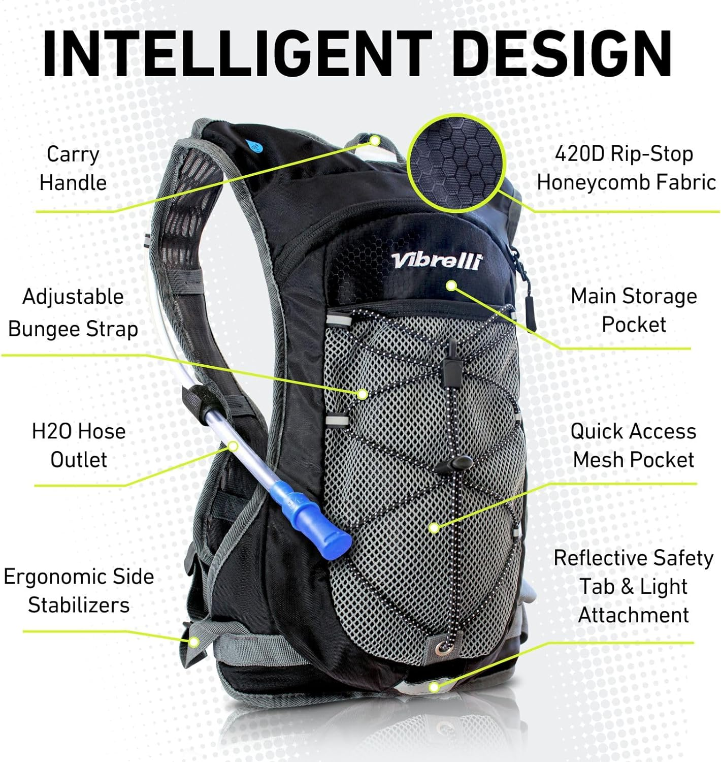 Vibrelli Hydration Pack & 2L Hydration Bladder - High Flow Bite Valve Hydration Backpack