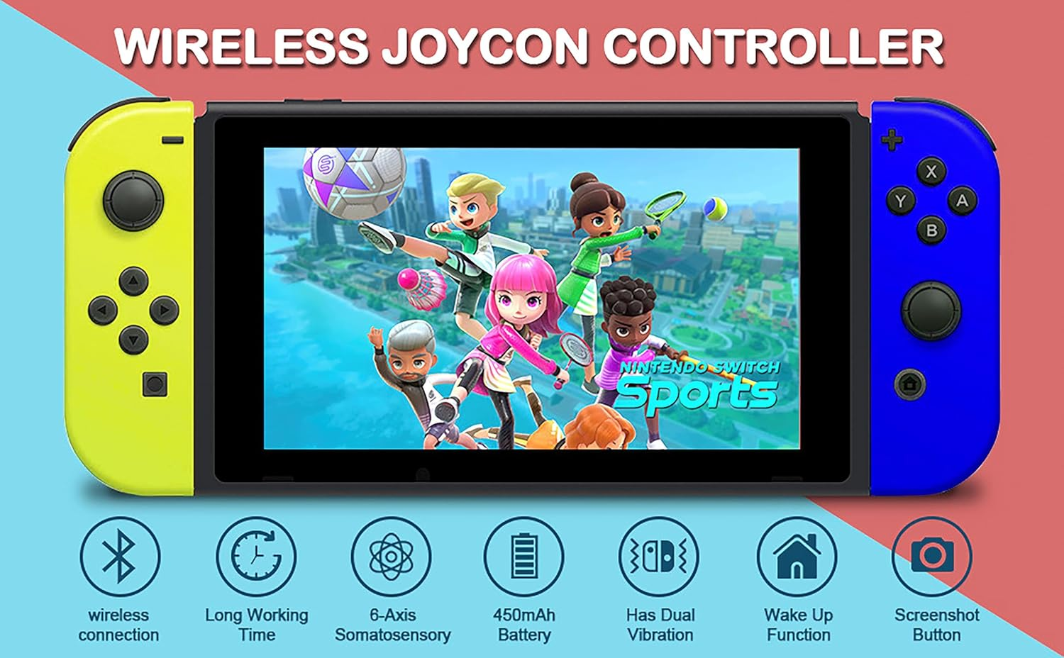 Costec Joy Con Controller for Nintendo Switch Replacement for Nintendo Switch Controller, Compatible with Switch, Wireless Left and Right Joy Con for Switch Nintendo Support Dual Vibration/Wake-Up/Screenshot, Joy Con Controller for Switch OLED Lite [Neon Blue/Neon Yellow] image number 2