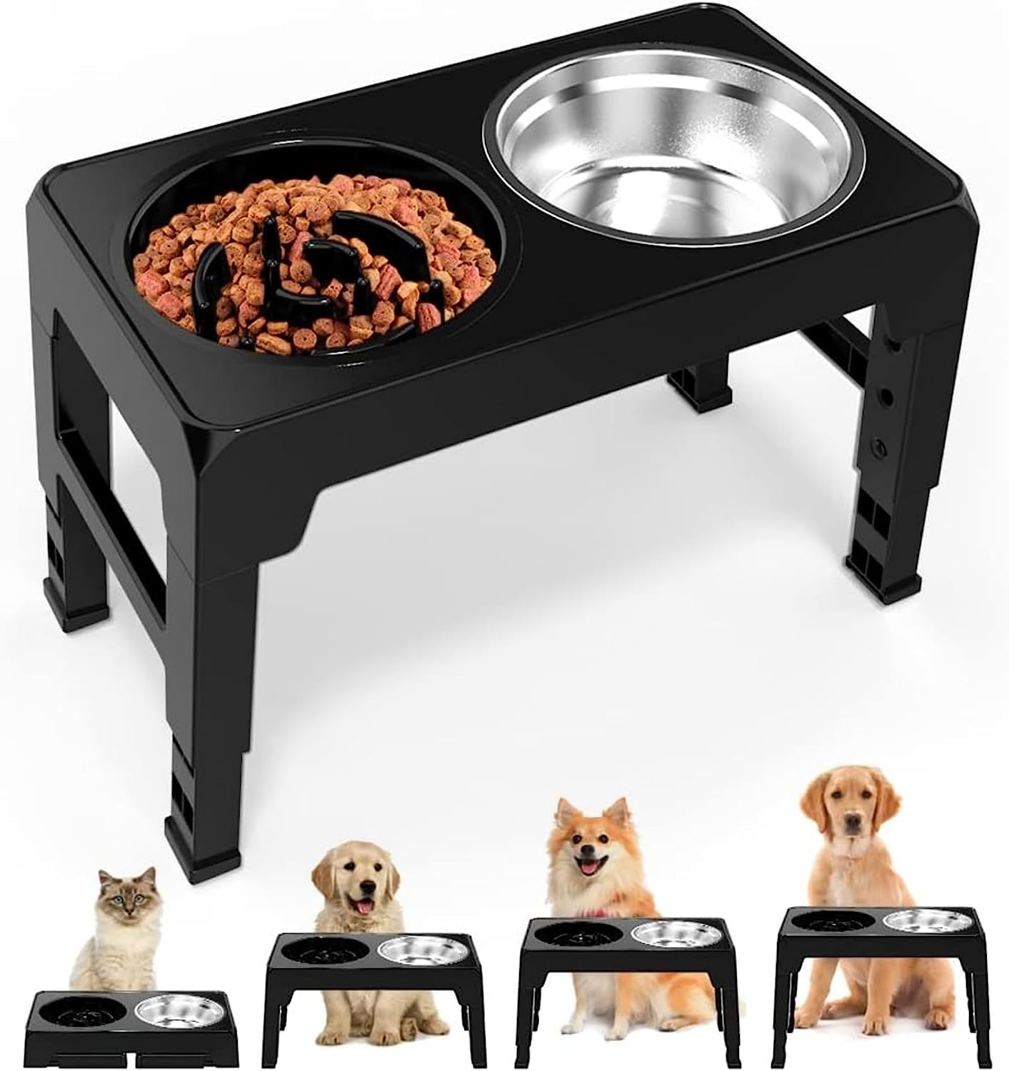 Elevated Raised Slow Feeder Bowls, 4 Height Adjustable Stand with Stainless Steel Water Bowl and Non-Slip Food Bowls for Large Medium Small Dogs and Pets (Black) image number 4