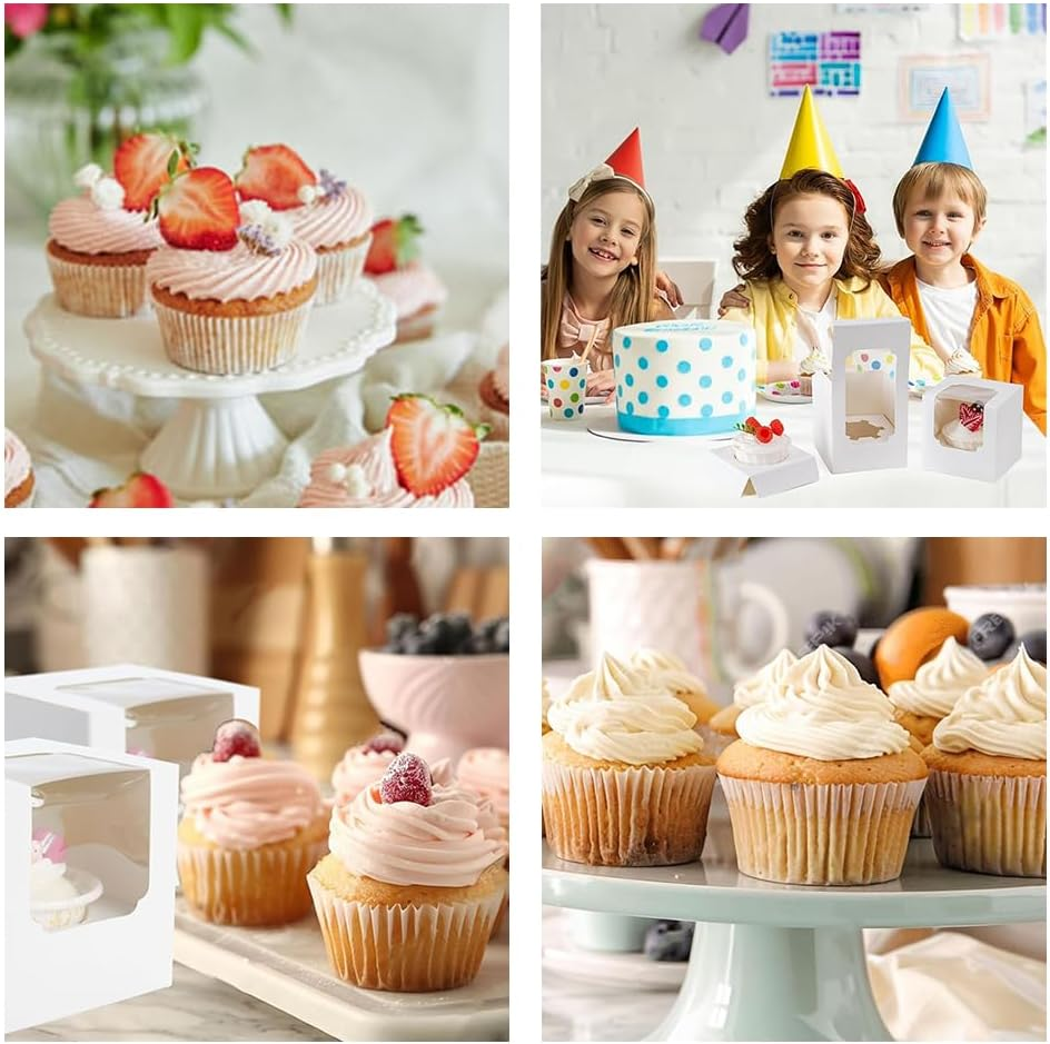 50 Pcs White Cupcake Boxes, Translucent Paper Cupcake Boxes, Cupcake Boxes with Window, Small Dessert Box with Inner Tray, Individual Cupcake Containers, for Wedding, Birthday Party Etc image number 6