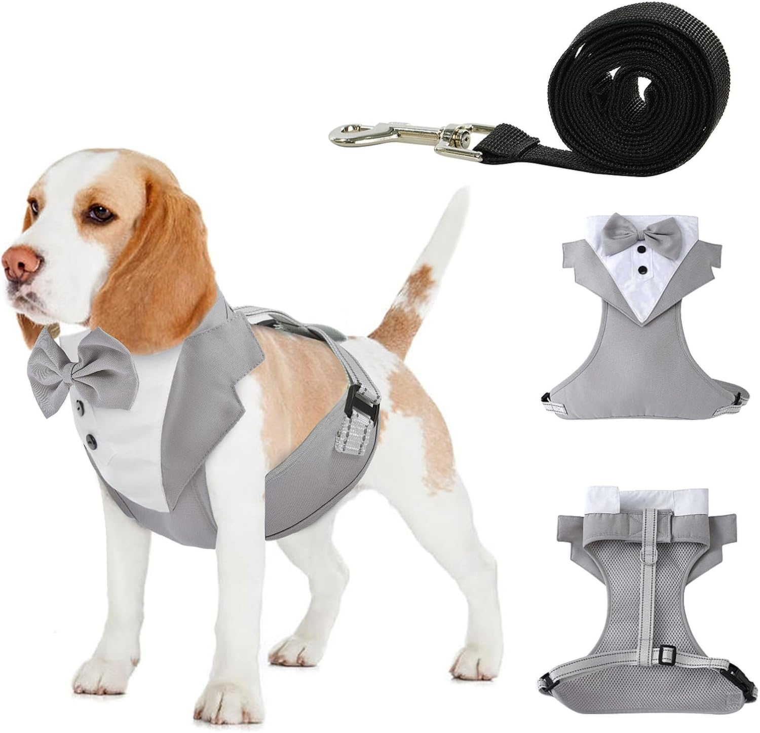 BRKURLEG Dog Vest Tuxedo Harness, Adjustable No Pull Tuxedo with Leash, Dog Wedding Party Suit with Bow Tie for Small Medium Dogs, Pet Costume Outfit for Birthday Christmas Halloween, Grey, M
