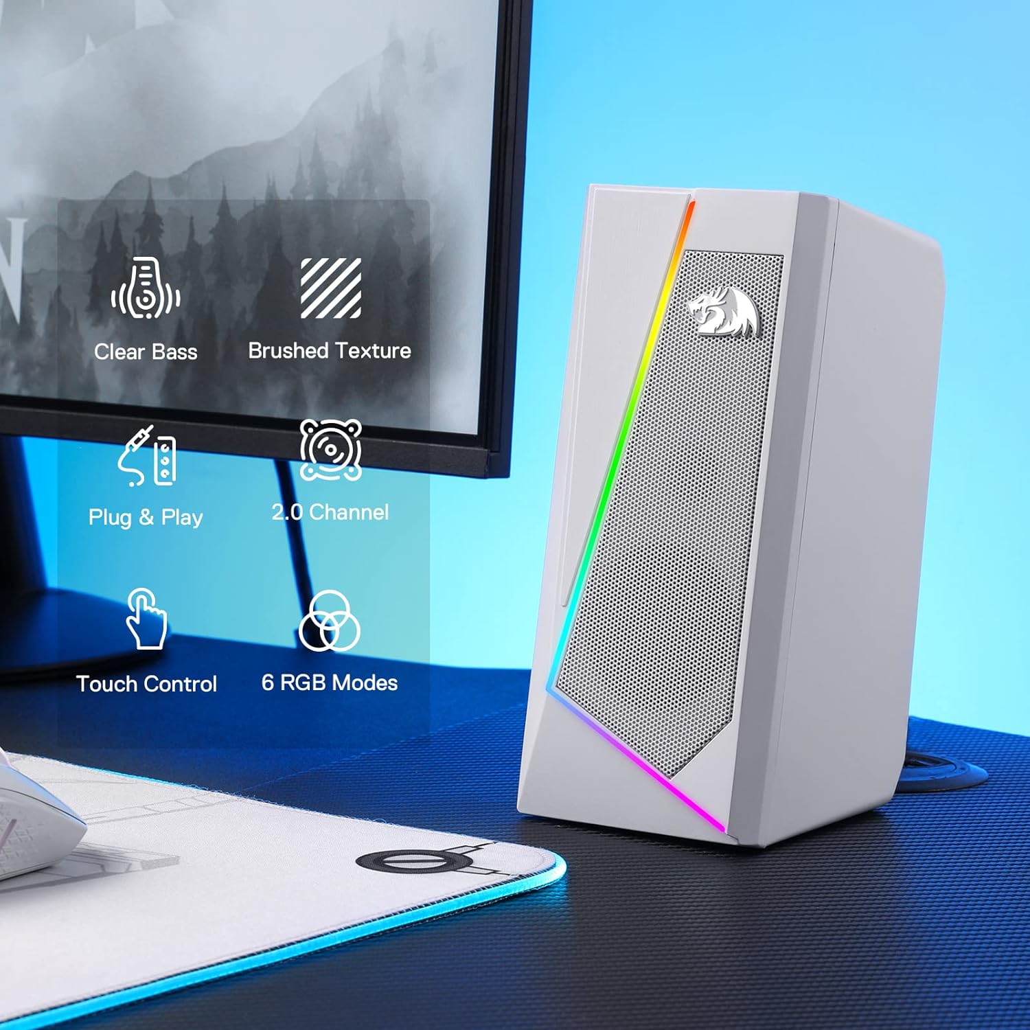 Redragon GS520 RGB Desktop Speakers, 2.0 Channel PC Computer Stereo Speaker with 6 Colorful LED Modes, Enhanced Sound and Easy-Access Volume Control, USB Powered W/ 3.5Mm Cable, White&hellip; - White image number 5