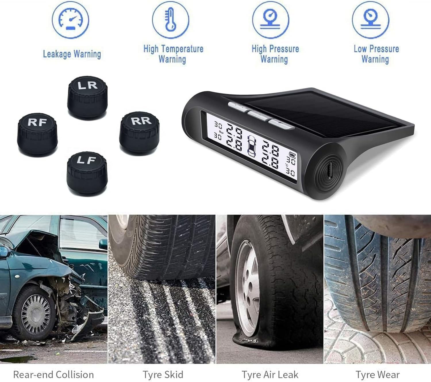 B-Qtech Solar Power Tire Pressure Monitoring System TPMS Tire Monitor with 4 External Sensors 0-6Bar(87Psi), Real Time Pressure Temperature Alarm for RV Trailer Pickup image number 2