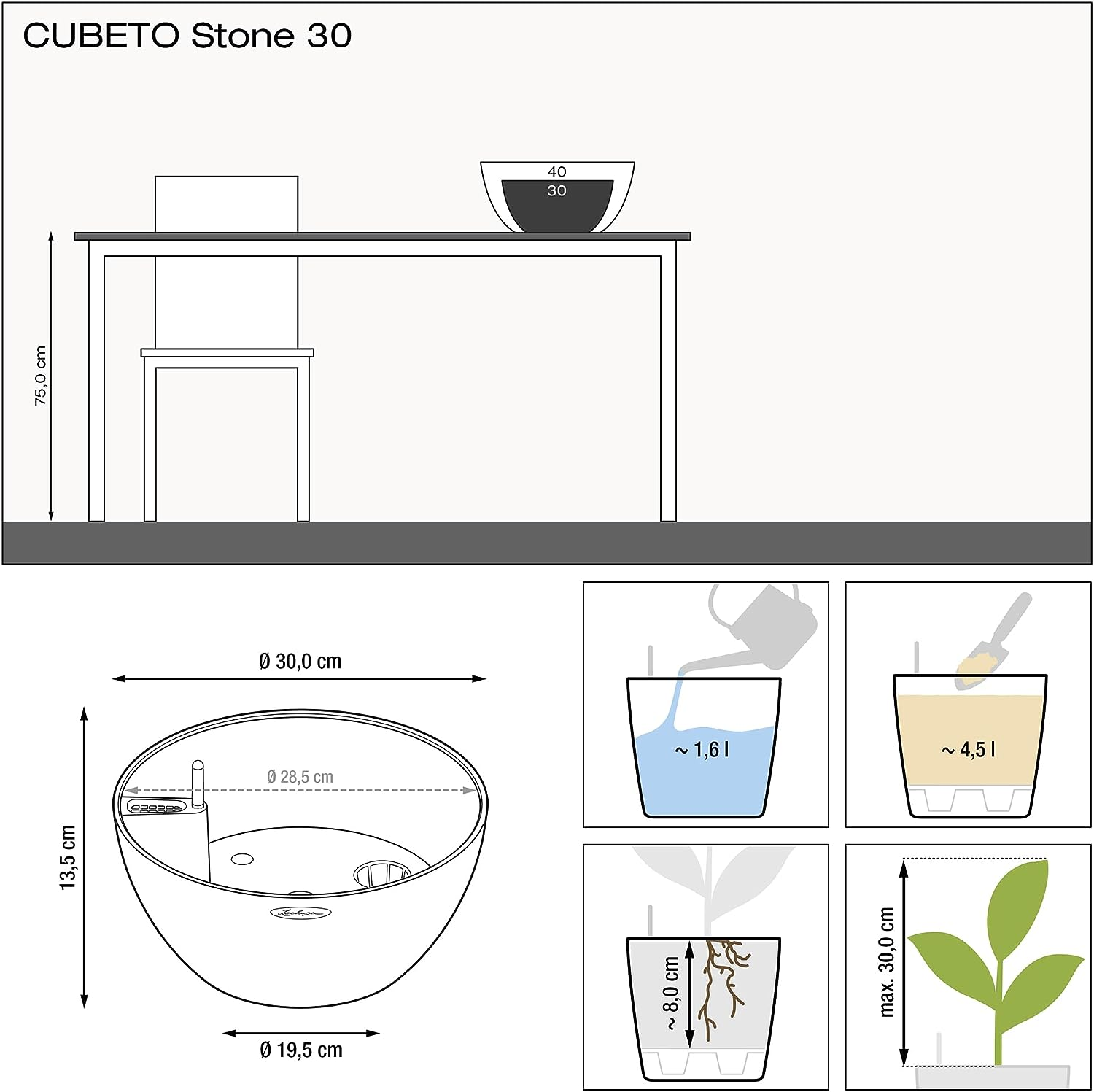 Lechuza Cubeto Color 30 All-In-One Bowl Shape Planter, Black image number 2