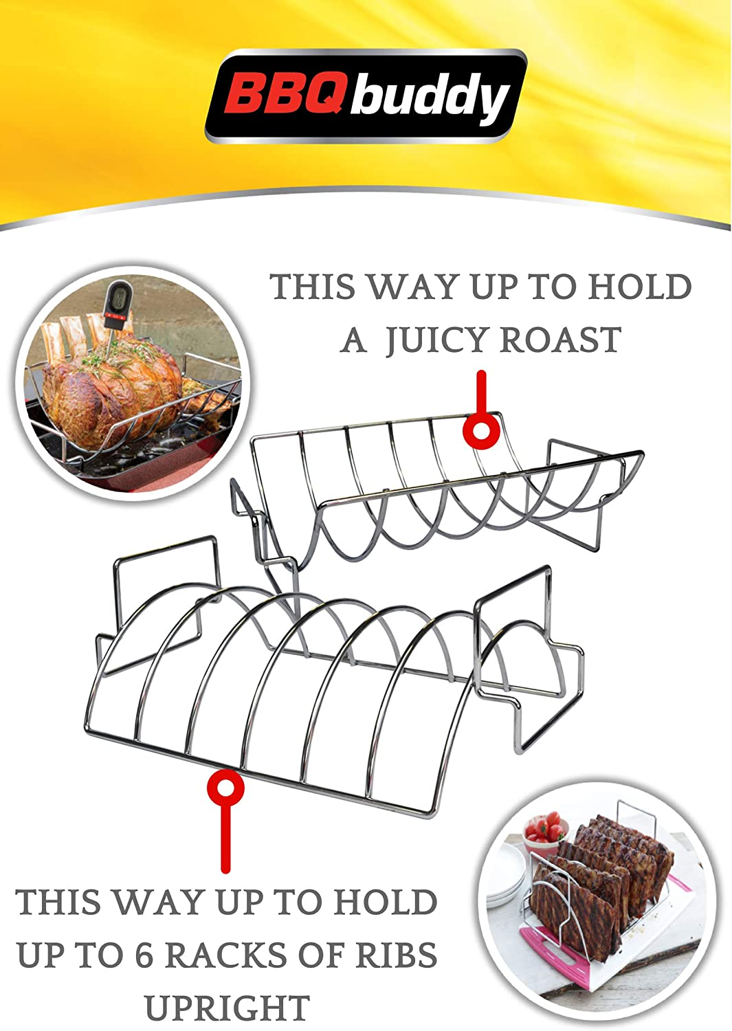 BBQ Buddy Reverse Roast and Rib Rack - Grill Rack for Holding Medium Size Roast or up to 6 Ribs - Barbeque Rib Rack Smoker Rack with Reversible Design - Stainless Steel image number 1
