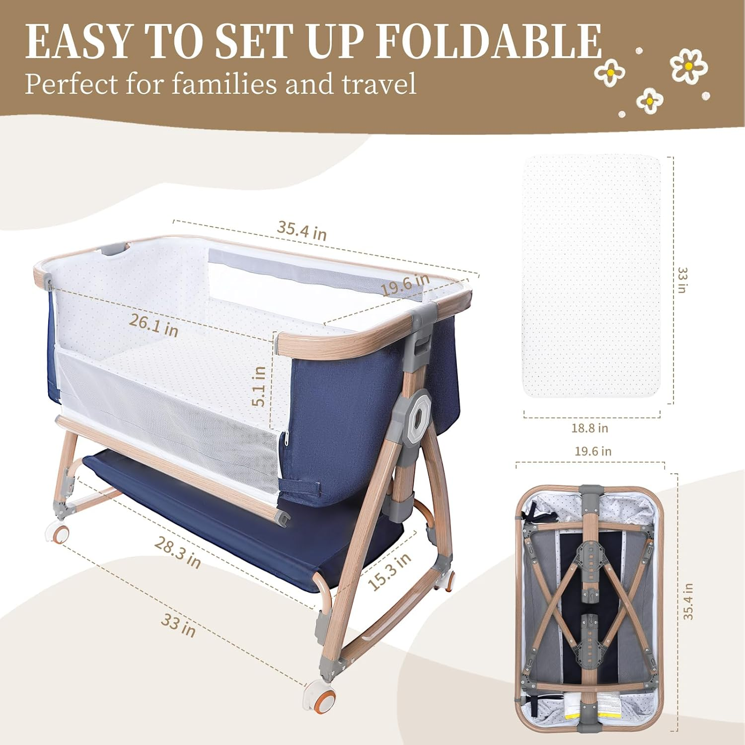3 in 1 Baby Bassinet, Bedside Sleeper for Baby, Bedside Crib with Wheels & Storage Basket & Mosquito Net, Height Adjustable Baby Bed, Portable Bassinet for Newborn/Infant image number 4