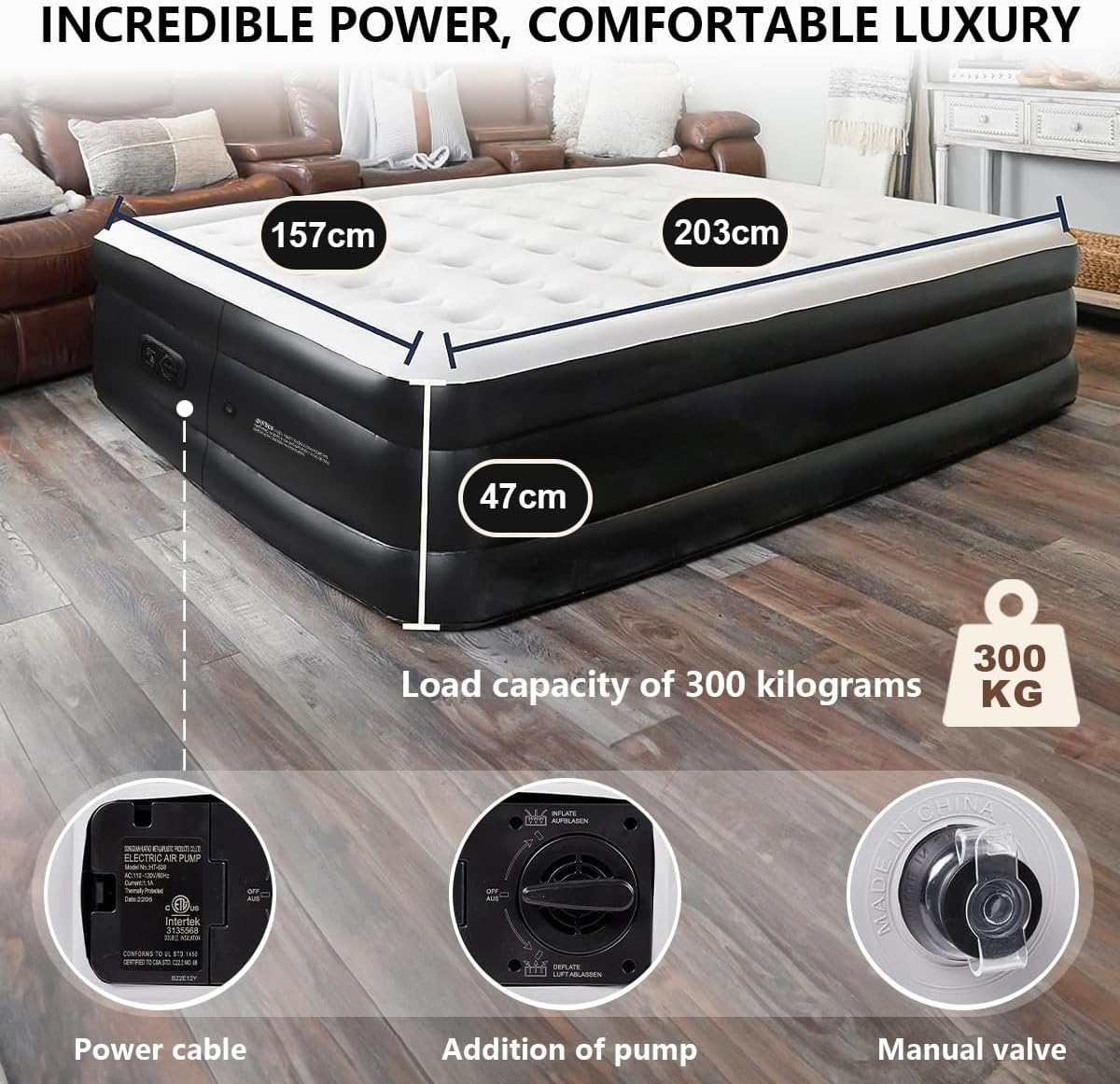 Queen Size Air Mattress,Built-In Air Pump,Automatic Inflating/Deflating PVC Waterproof Material,Skin-Friendly Flocking Surface,203&times;152&times;47Cm,300Kg MAX, Suitable for Family Camping image number 5