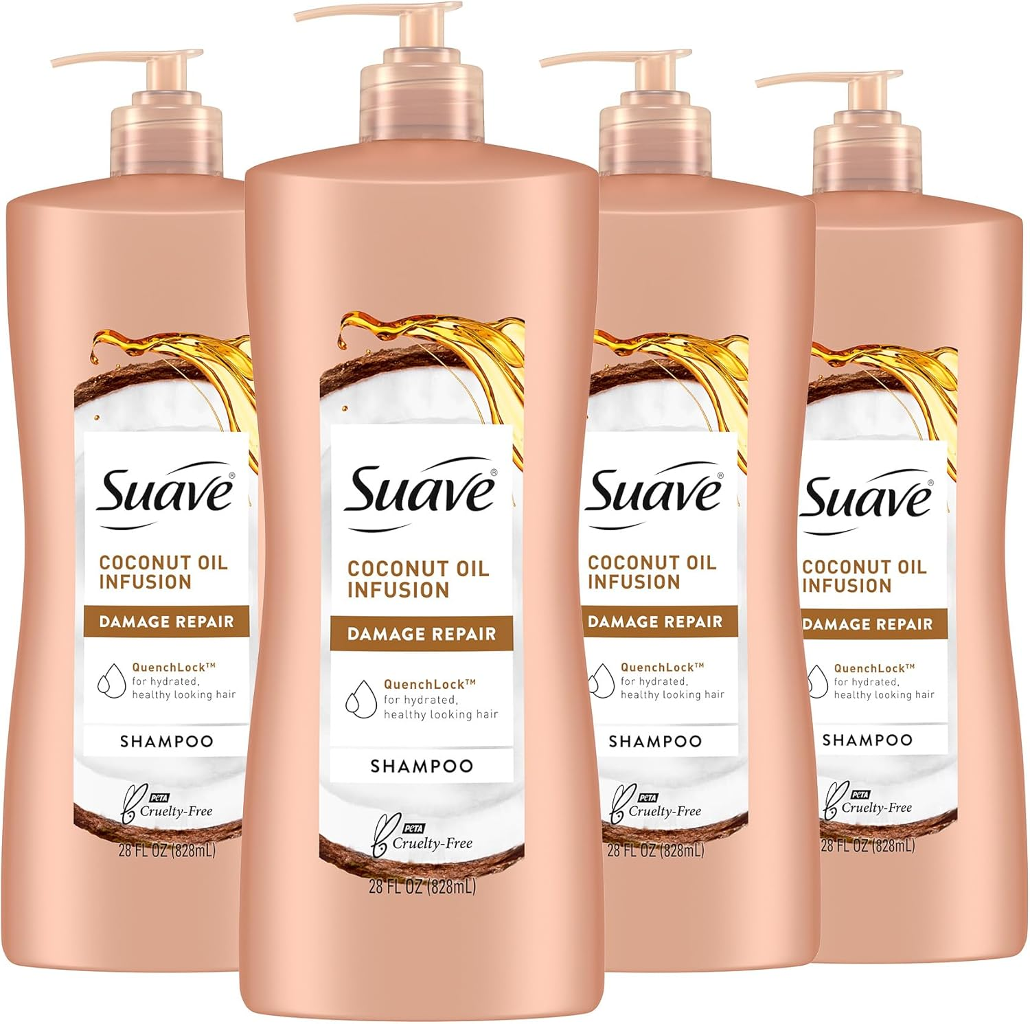Suave Coconut Oil Damage Repair Shampoo, for Normal, Dry and Damaged Hair, with Pure Coconut Oil Infusion, 28 Oz Pack of 4