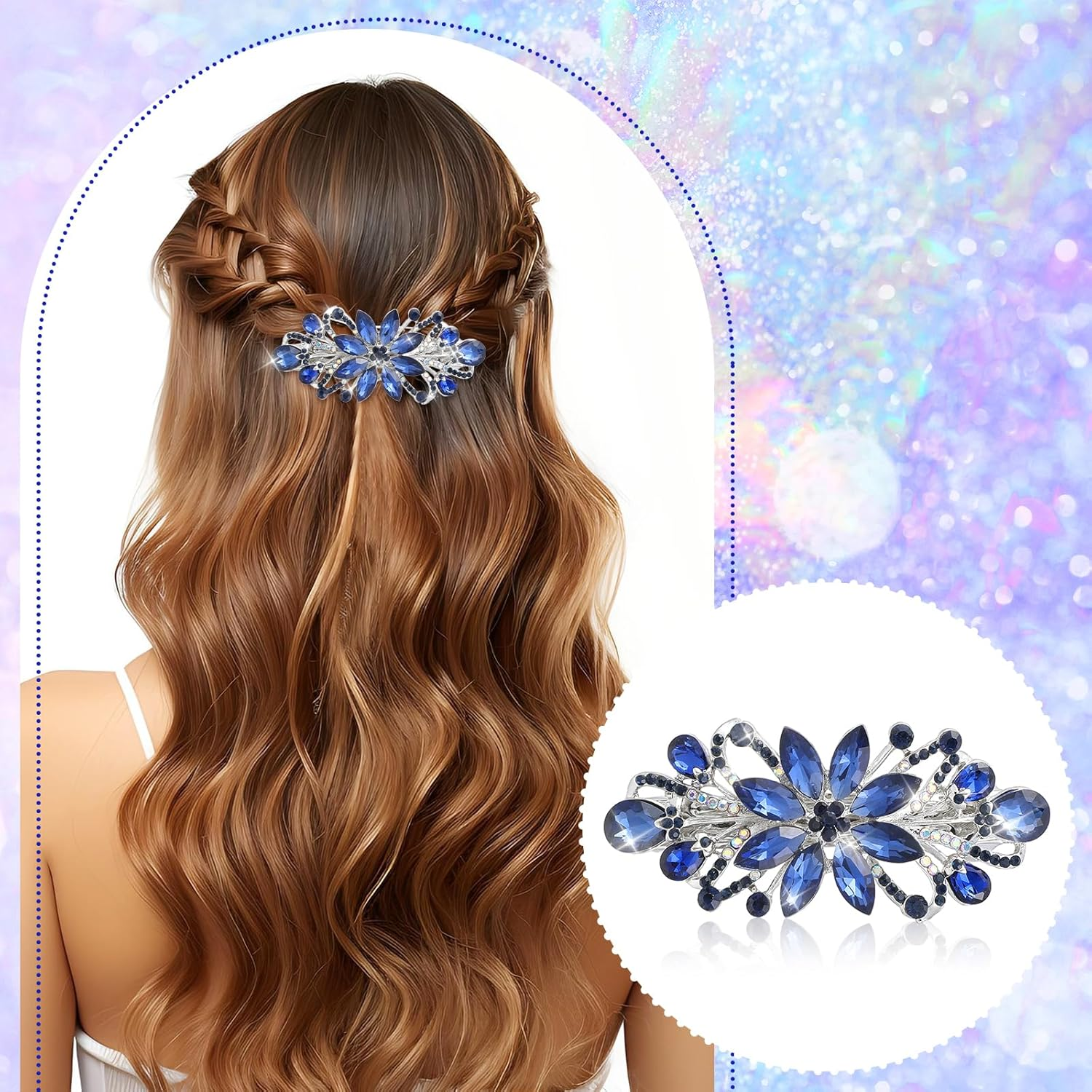 Hair Clip Flower, Vintage Rhinestone Style Barrettes, Blue Crystal Style Hair Clip, Luxury Jewellery Design Hairpin, Metal Spring Hair Clips for Women and Girls image number 3