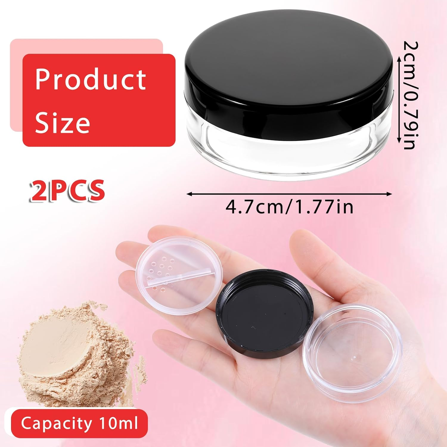 Fdczeyxior 2PCS 10Ml/0.34Oz Black Square Plastic Refillable Loose Powder Container with Rotatable Sifter and Leakproof Screw Lid