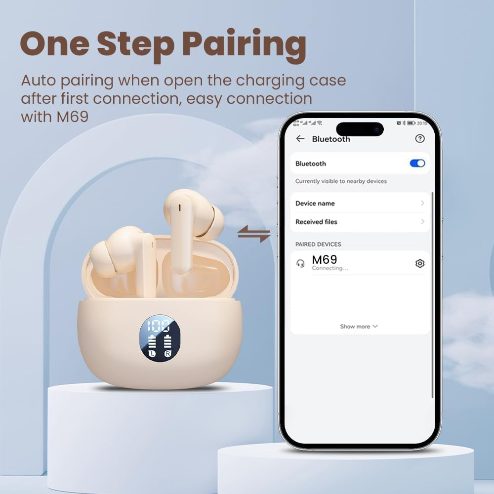 Wireless Earbuds, Bluetooth 5.46 Headphones with Hifi Stereo Sound, 48H Playtime with LED Power Display Charging Case, IP6 Waterproof In-Ear Earphone with Mic for Sport (Beige)