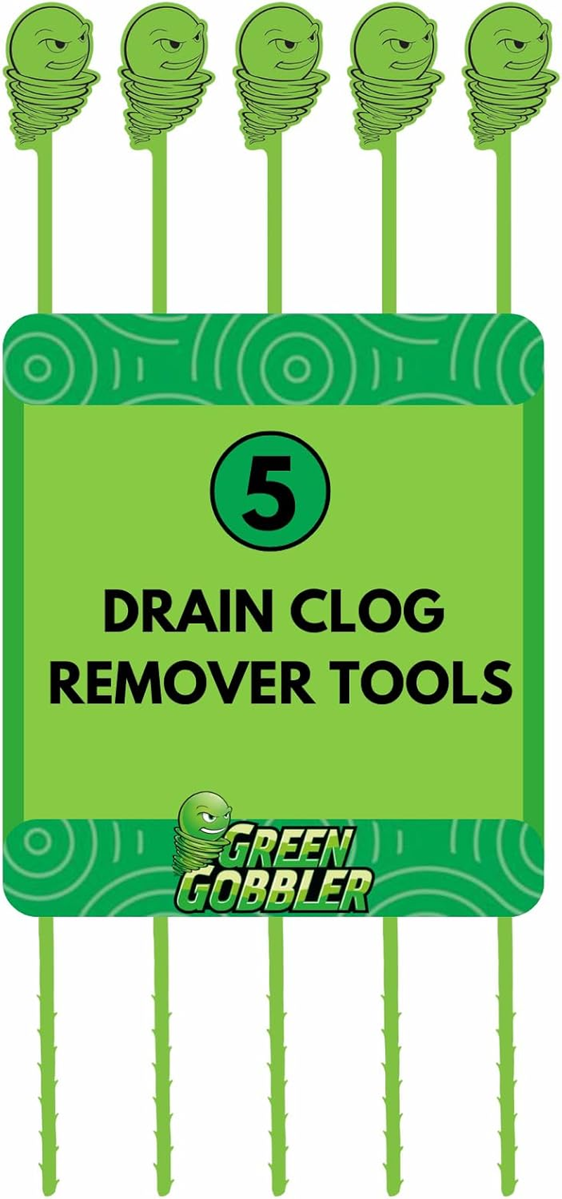 Green Gobbler Hair Grabber Drain Snake - 5 Pack (Great for Sink & Shower Clogs)