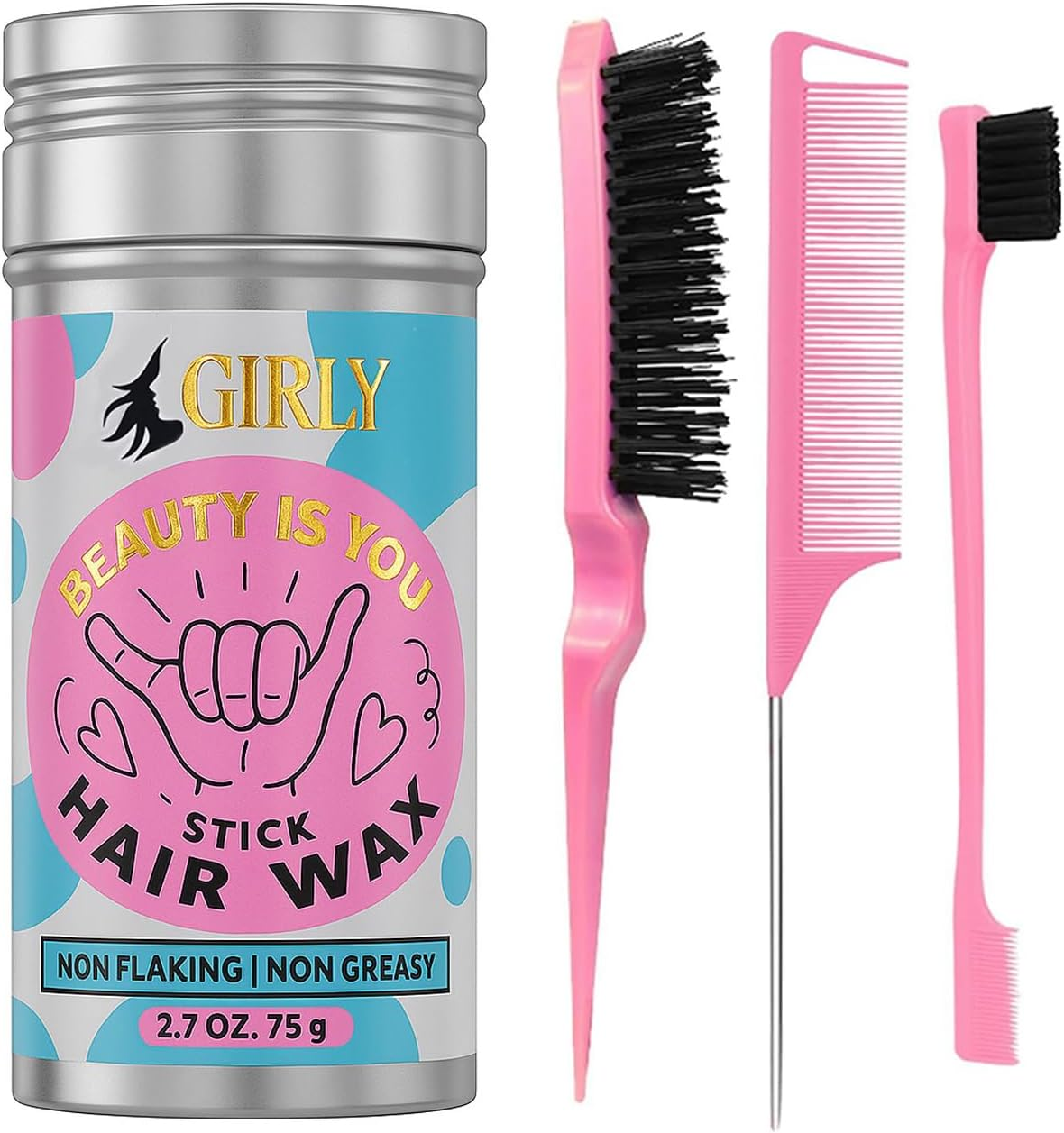Girly Premium Hair Wax Stick & Slick Back Pink Hair Brush for Tame Flyaways, Frizz, Sleek Ponytail, Buns | Pomade/Balm/Gel Stick for Woman, Styling Accessories for Girls, Kids image number 3