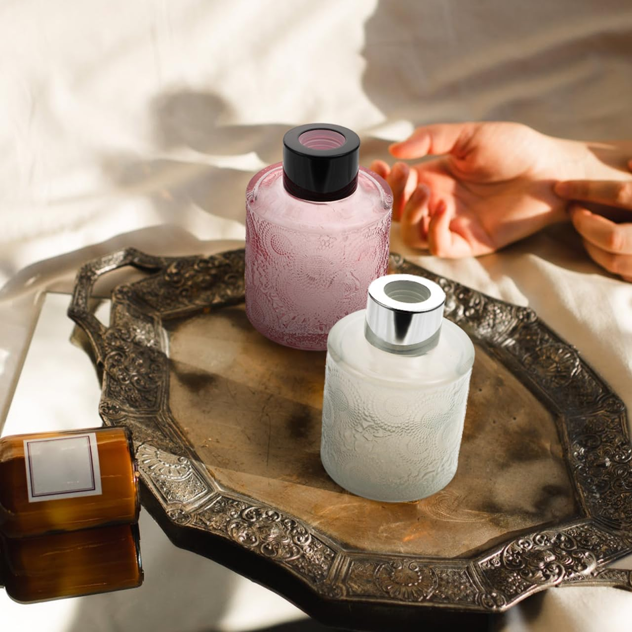 Operitacx 4Pcs Glass Diffuser Bottles Set of 4, 3.5 Height 100ML, Small Bottle Shape, Diffuser Jars for Home Fragrance (White, Pink, Grey, Purple) image number 1