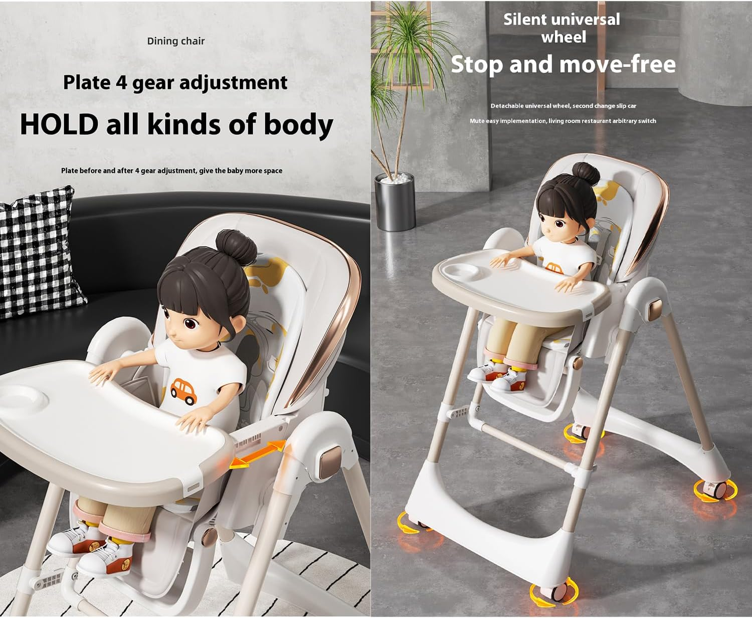 Baby High Chair & Toddler Chairs, Adjustable Baby Highchair with Recline, Wheels & Removable Tray, Convertible Feeding Chair & Baby Dining Chair for 6M~6Y(White) image number 1