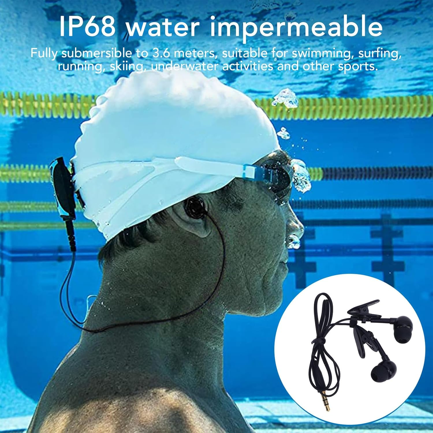 IP68 Waterproof Swimming Headphones with 3.5Mm Jack - 3.6M Underwater Headphones for Lap Swim, Surfing, 40Cm Short Cord with 2 Clips & 4 Size Earbuds image number 3