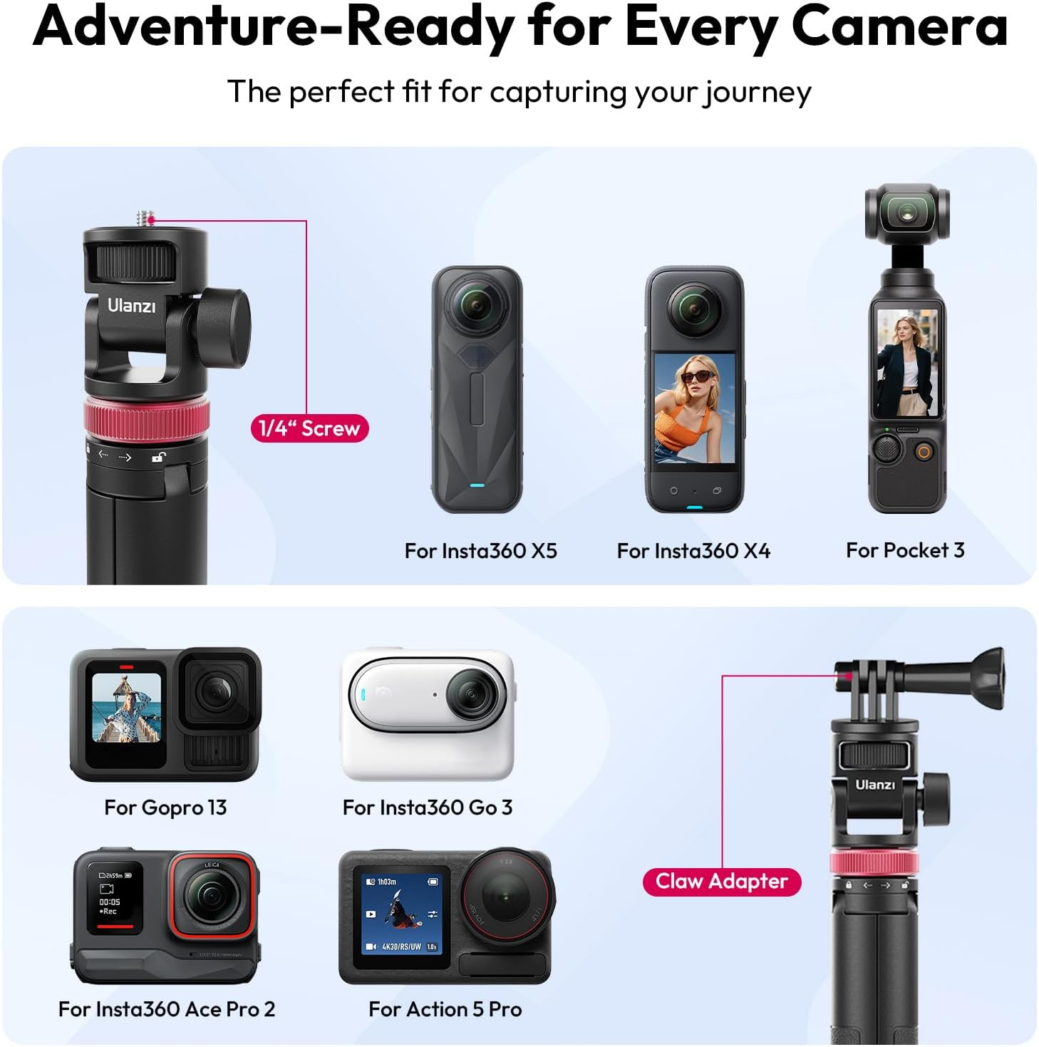 ULANZI MT-71 Tripod Selfie Stick & Vlog Handle with Magnetic Quick Release&1/4'' Screw, 150CM Extendable Lightweight Tripod Stand (7-Section) for DJI Pocket 3/Insta360 X5 X4 X3 Series/Gopro Tripod image number 3