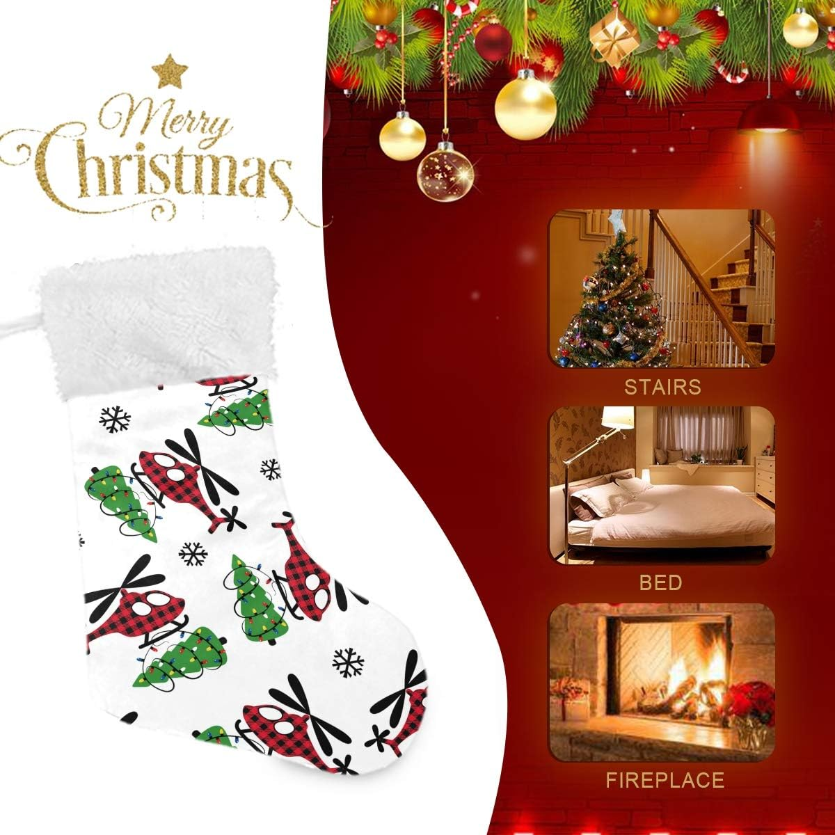 Eionryn Buffalo Plaid Christmas Helicopter Christmas Stockings Winter Snowflakes Xmas Tree Classic Personalized Large Stockings Xmas Character for Family Holiday Christmas Party Decorations 1 Pc 18 I image number 6