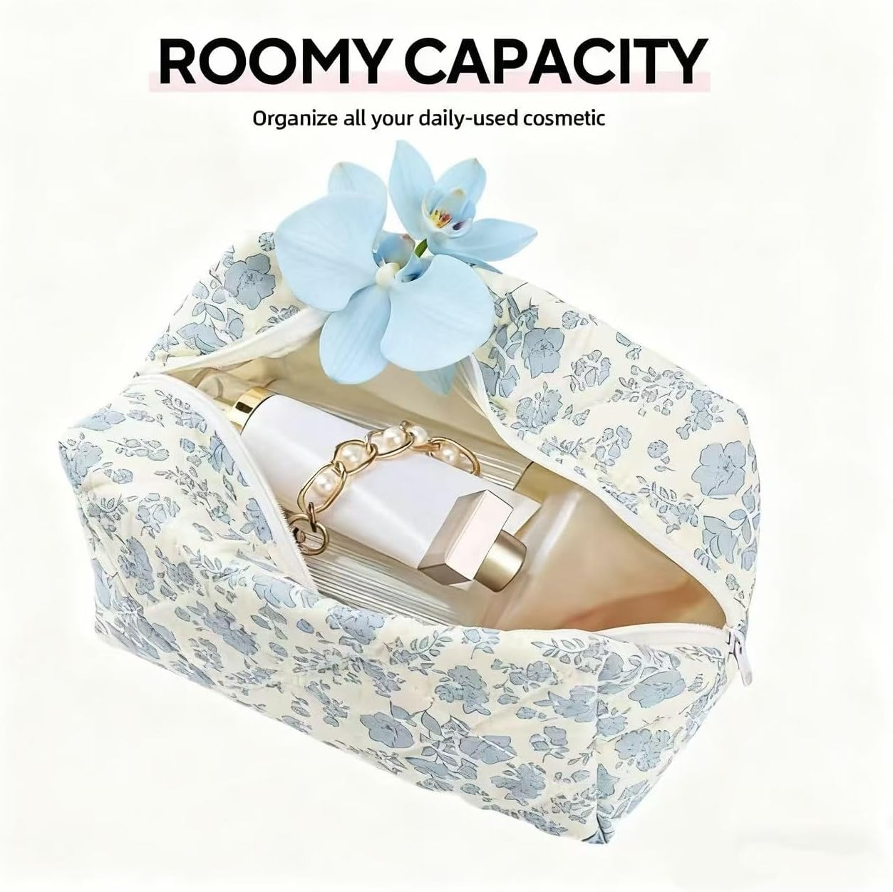 Floral Quilted Makeup Bag - Cosmetic and Skincare Product Pouch, Fashionable Travel Puffy Coquette Makeup Bag, Small Cute Attractive Blue - Blue image number 2