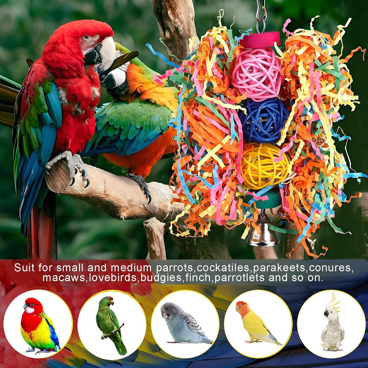 Velmoriah 5PCS Colorful Bird Toys for Parakeets, Parrot Chewing Shredding Foraging Toys Rope Perch with Bells, Bird Swing Climbing Standing Hanging Toys for Conure Cockatiel Budgies Lovebird image number 6
