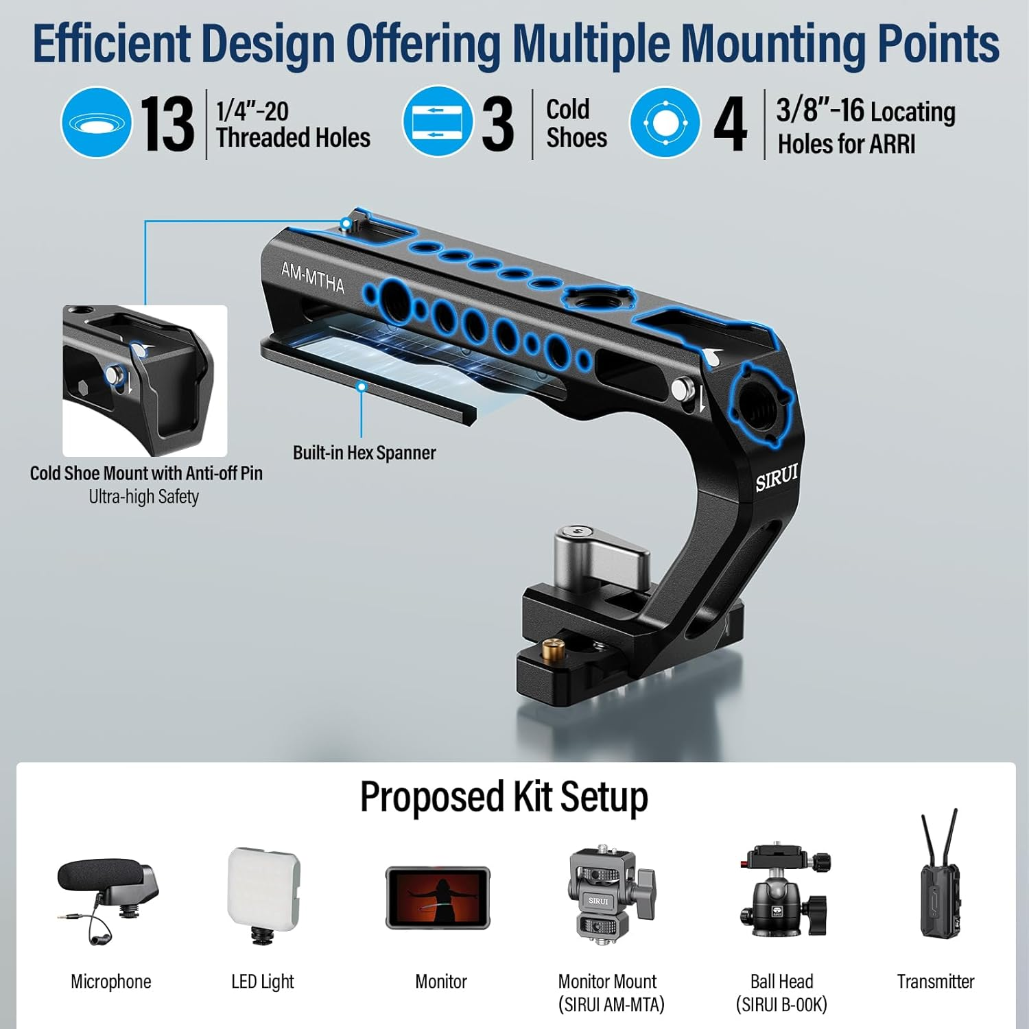 SIRUI 2 in 1 Top Handle with Locating Mount for ARRI or NATO Mount, All-Aluminium Camera Cage Handle Grip with Cold Shoe with Safety Pin, Multiple Threaded Holes, AM-MTHA, Pack of 1