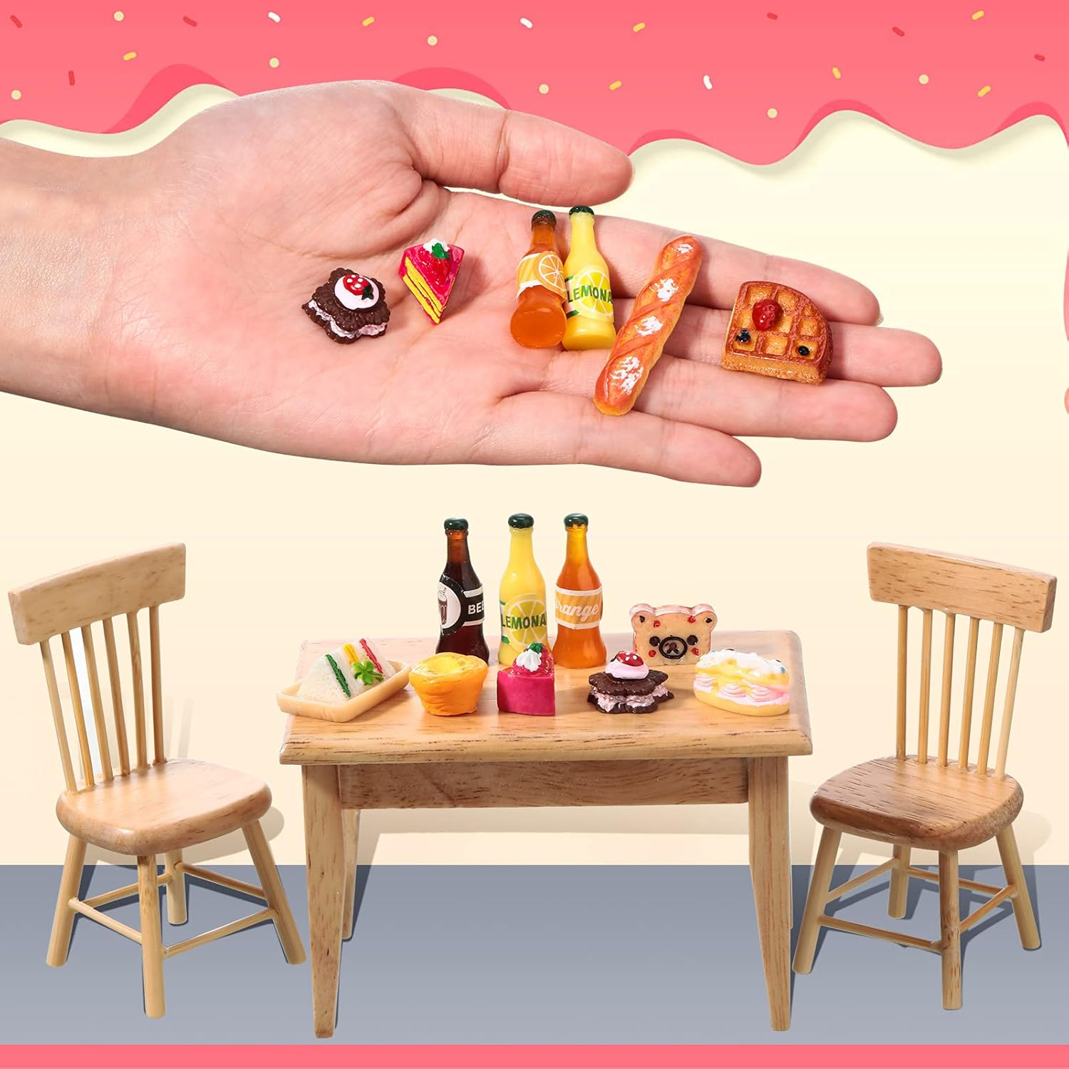 Skylety 68 Pieces 1:12 Miniature Food Drinks Bottles Dollhouse Accessories Mixed Tableware Kitchen Pretend Play Miniature Food and Drinks for Dollhouse Grocery, Mini Kitchen Accessories (Food) image number 1
