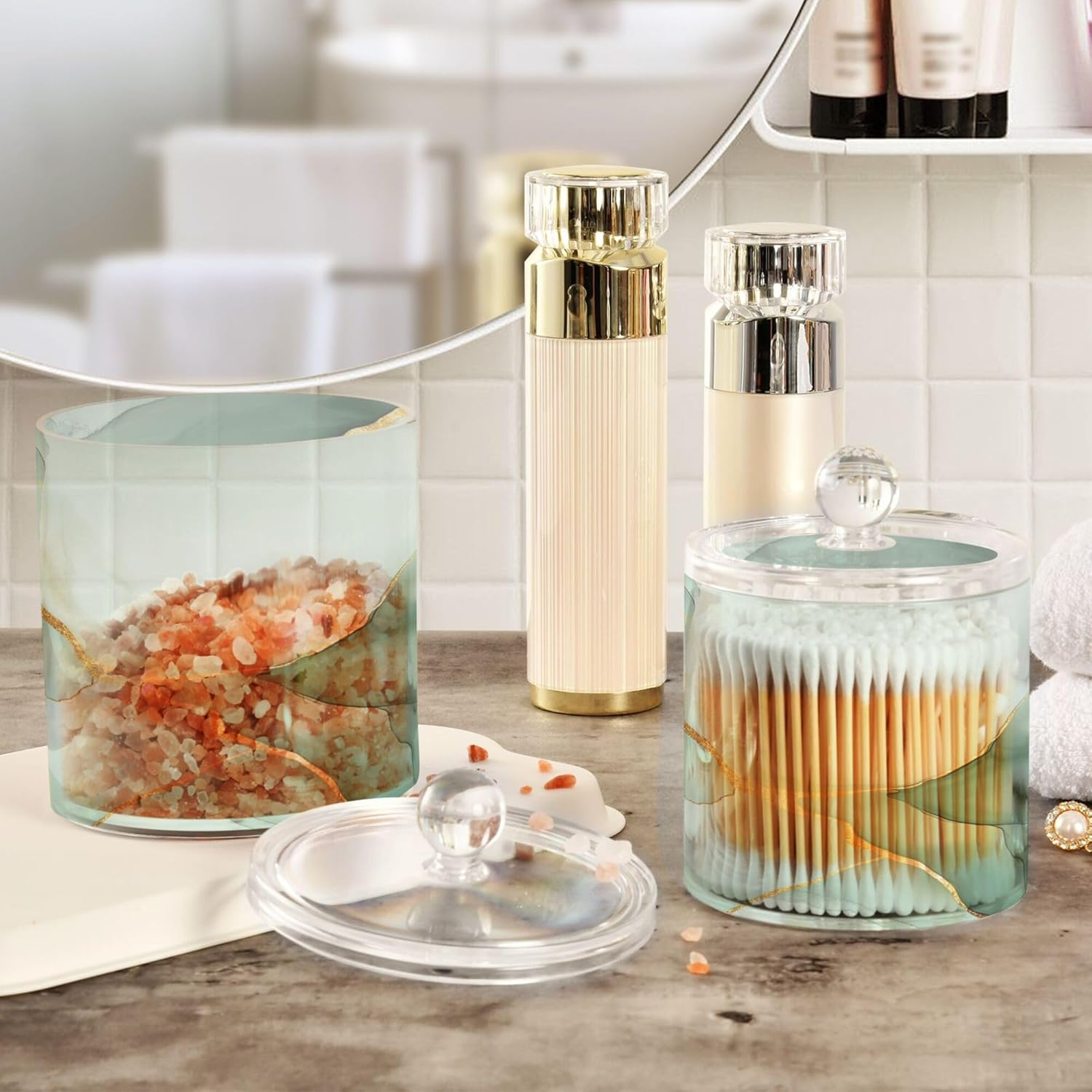 Marble White Sage Green Clear Plastic Makeup Organizer Storage with Lid Dresser Essentials Decorative Storage Bins for Floss Picks,Paper Clips,2 Pack - Color 11 image number 6