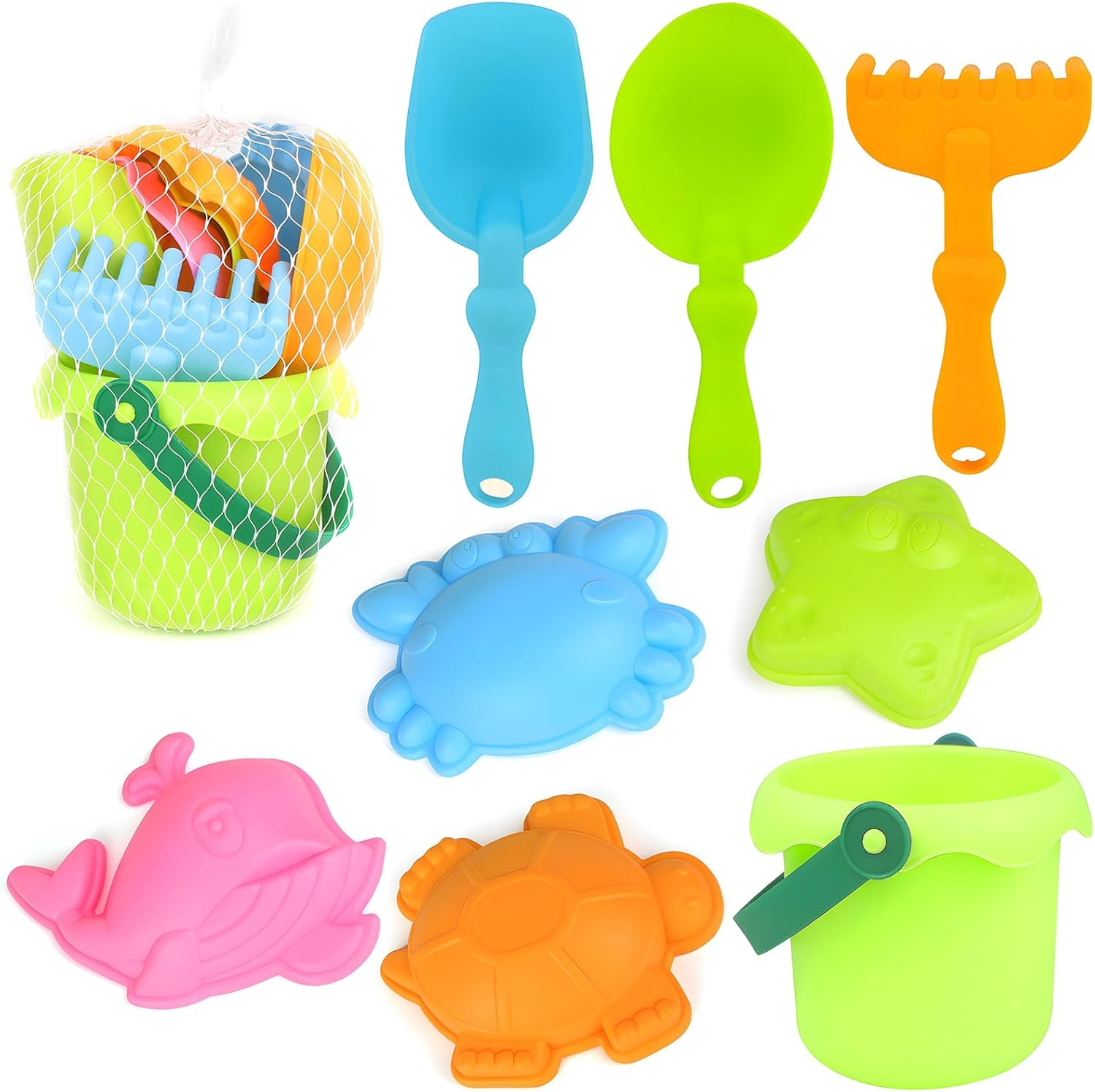 8 Pcs Buckets and Spades Beach Sand Pit Toys for Kids, Beach Water Play Sandbox Toys Set with Mesh Bag Sand Molds Shovel for Kids Boys Girls Travel Summer Outdoor image number 3
