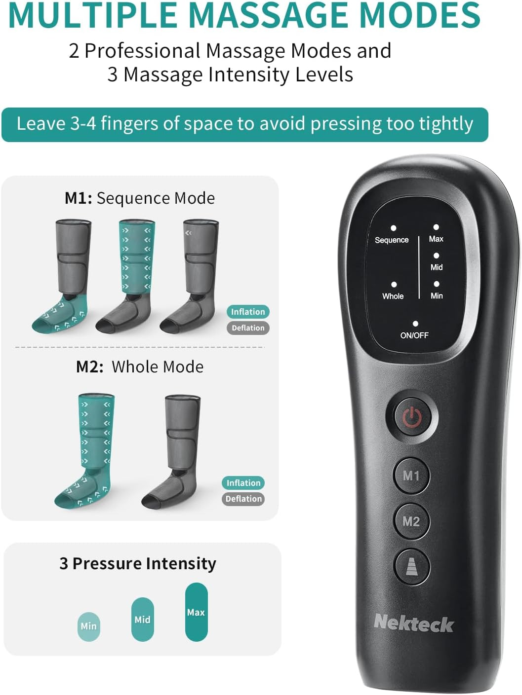 Nekteck Leg Massager with Air Compression for Circulation and Relaxation, Foot and Calf Massage Machine with Hand-Held Controller 2 Modes 3 Intensities, Adjustable Leg Wraps for Home and Office Use image number 4